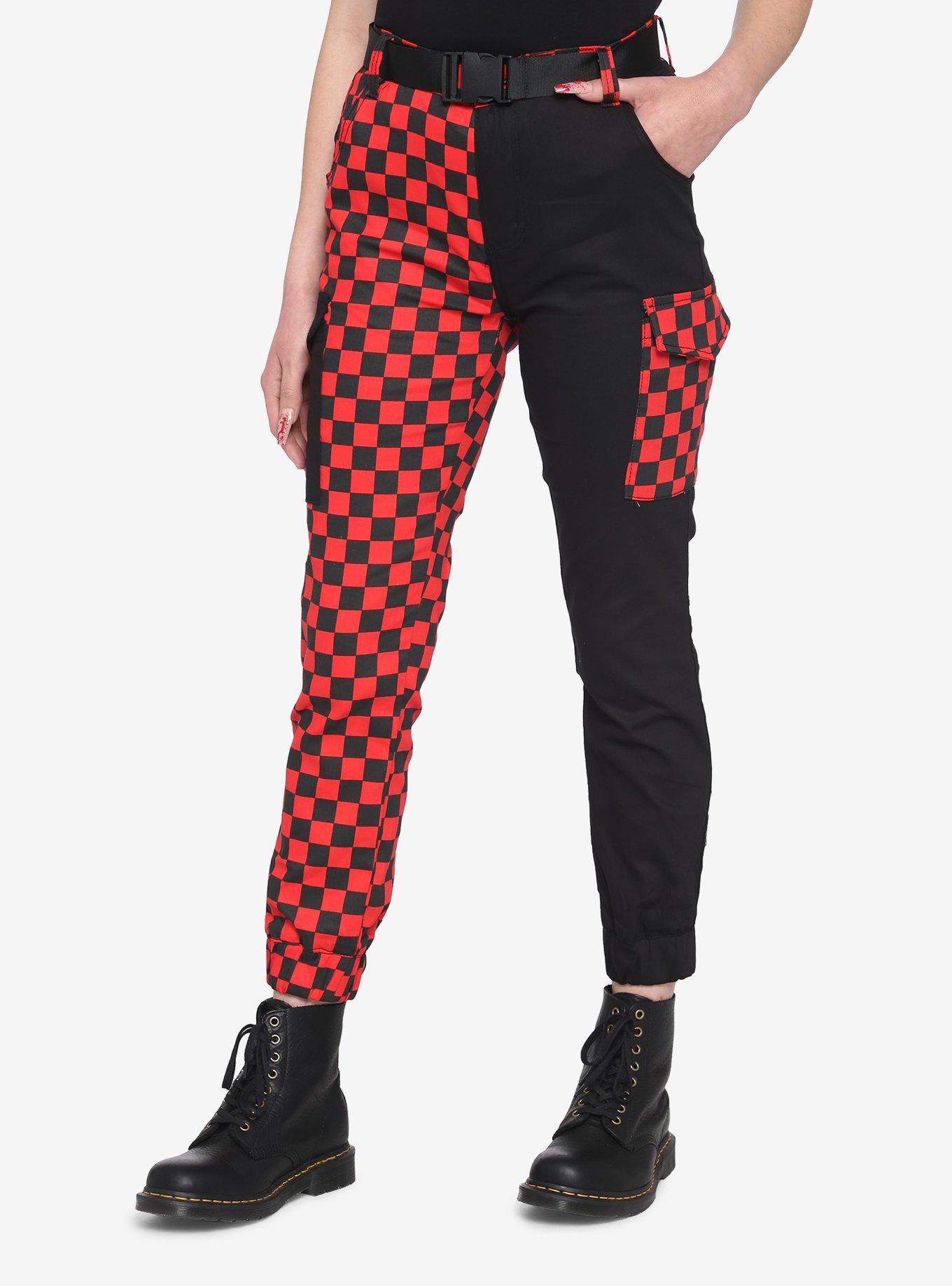 Red & Black Checker Split Cargo Jogger Pants, BLACK  RED, hi-res