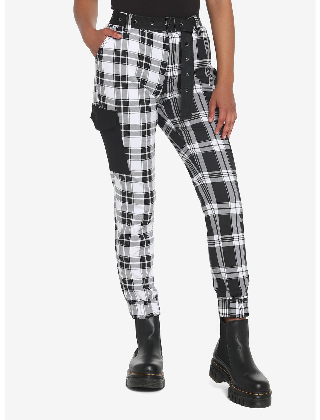 Black & White Plaid Split Jogger Pants, BLACK  WHITE, hi-res