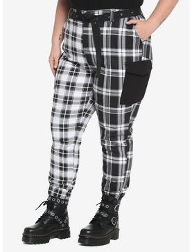 Black & White Plaid Split Jogger Pants Plus Size, , hi-res
