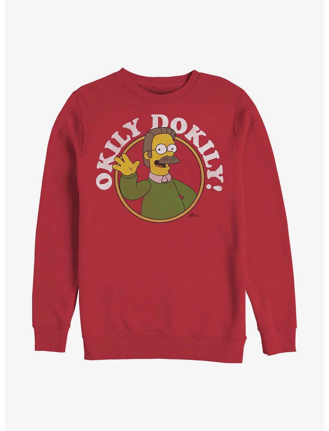 The Simpsons Okily Dokily Ned Flanders Dad Crew Sweatshirt, RED, hi-res