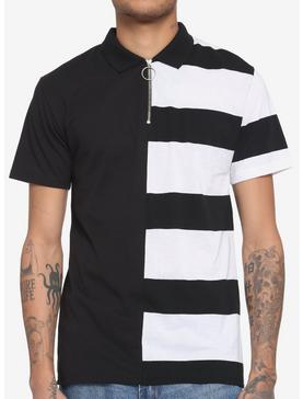 Black & White Stripe Split O-Ring Zipper Polo Shirt, , hi-res