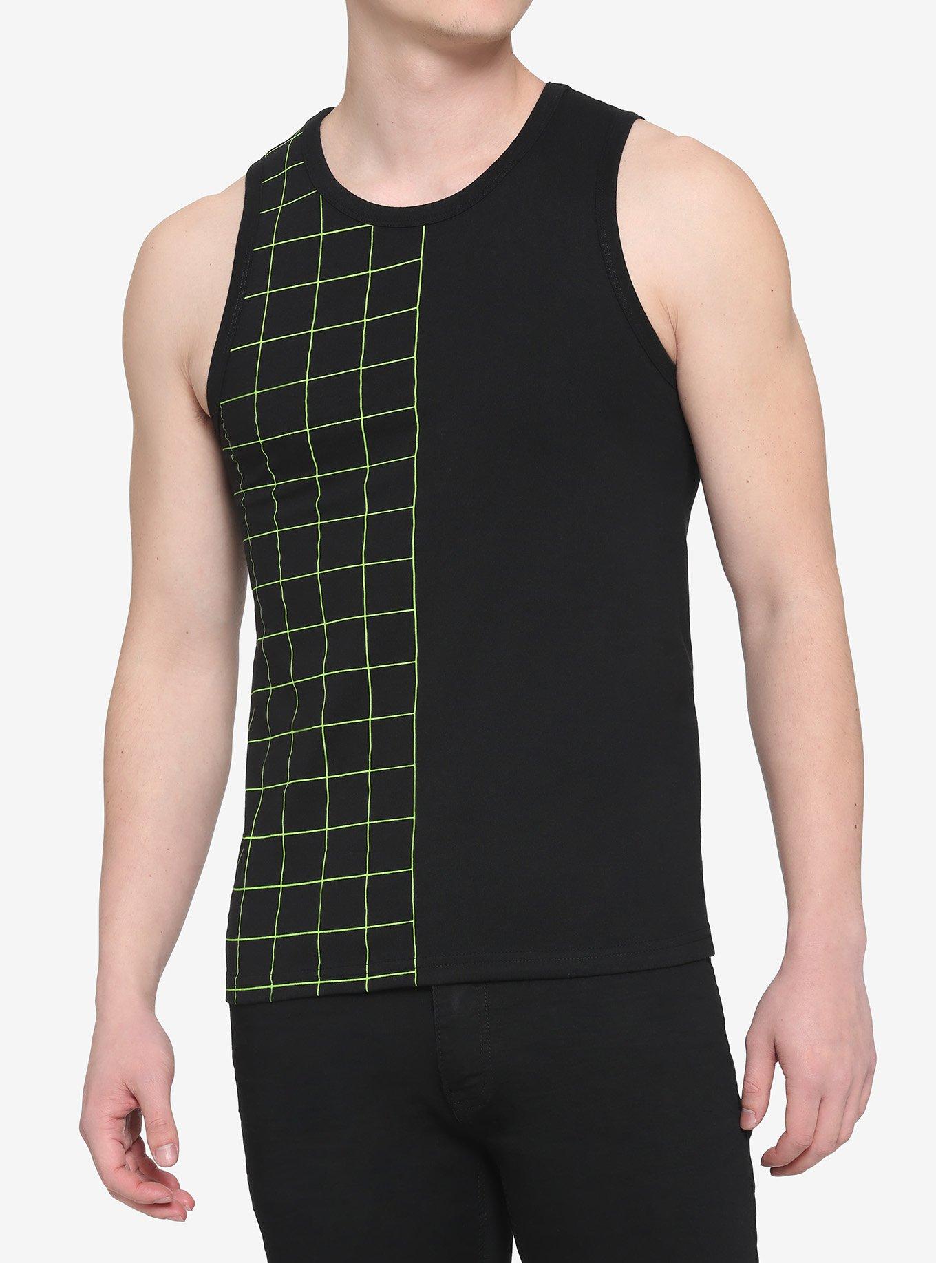 Black & Green Grid Split Tank Top, BLACK  GREEN, hi-res