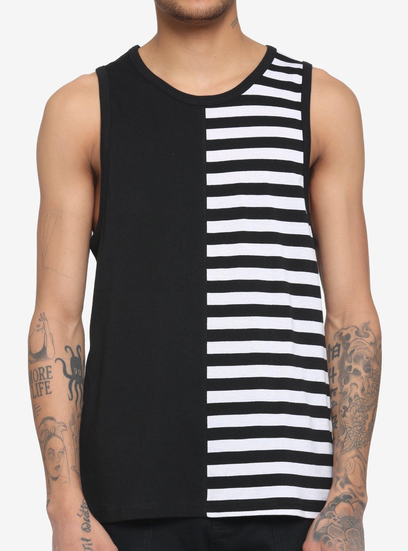 Black & White Stripe Split Tank Top, BLACK  WHITE, hi-res