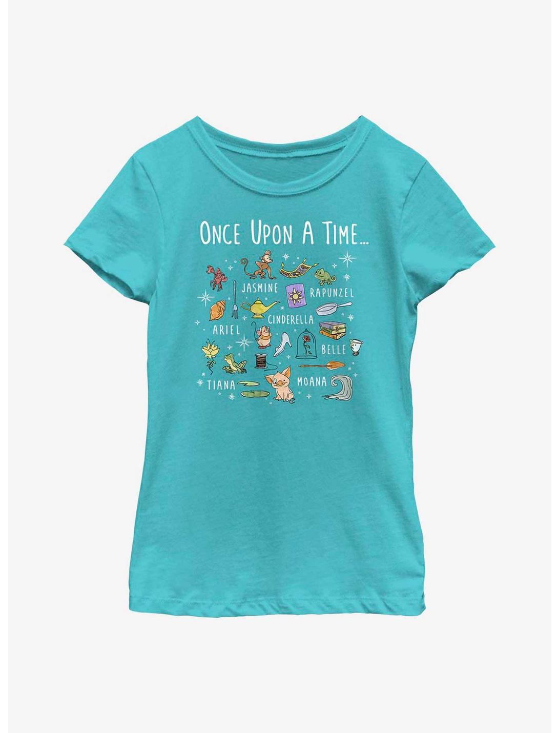 Disney Princesses Hand-Drawn Icons Youth Girls T-Shirt, TAHI BLUE, hi-res