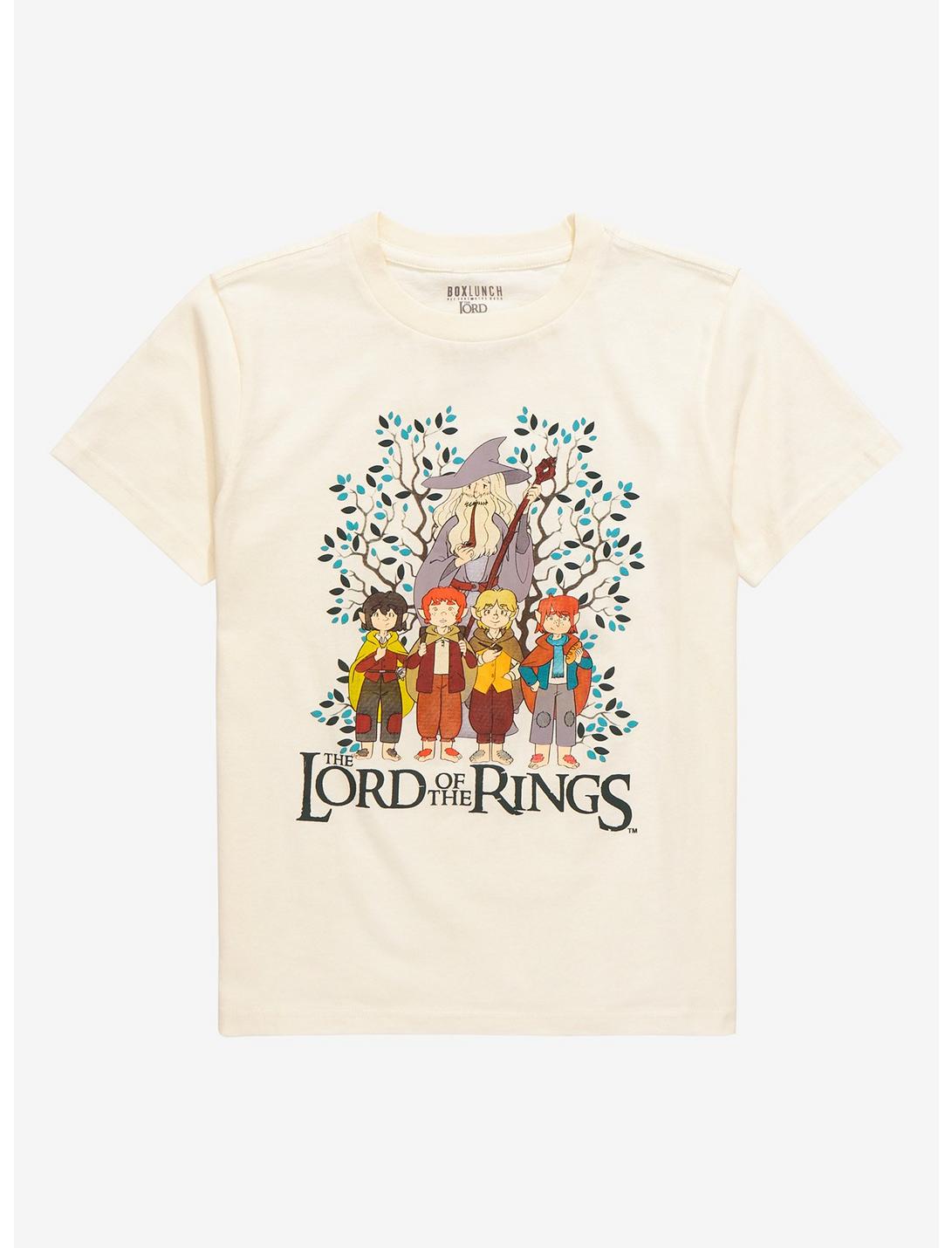 The Lord of the Rings Gandalf & Hobbits Cartoon Group Portrait Youth T-Shirt - BoxLunch Exclusive, LIGHT GREY, hi-res