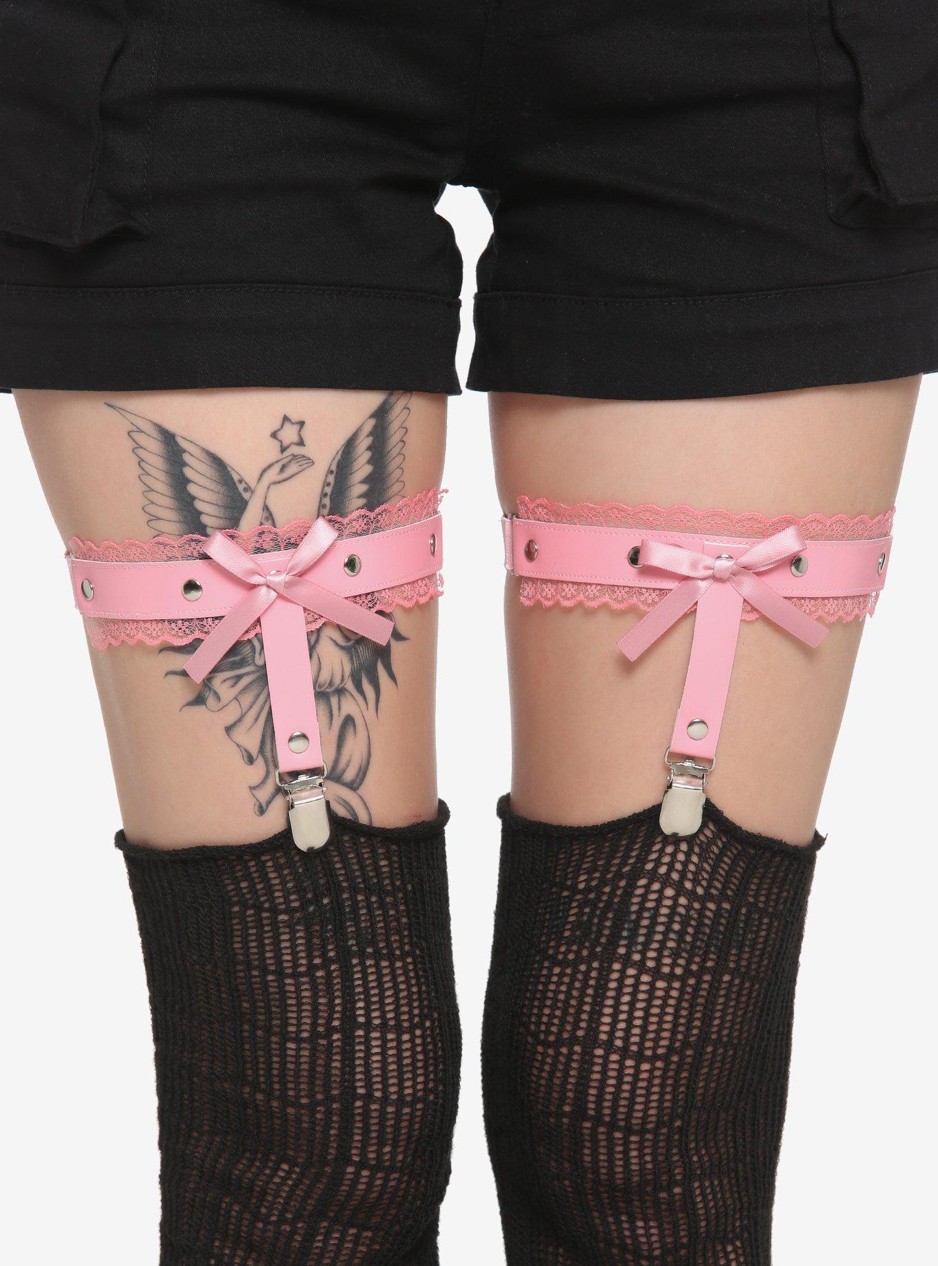 Pink Bow Lace Garter Set, , hi-res