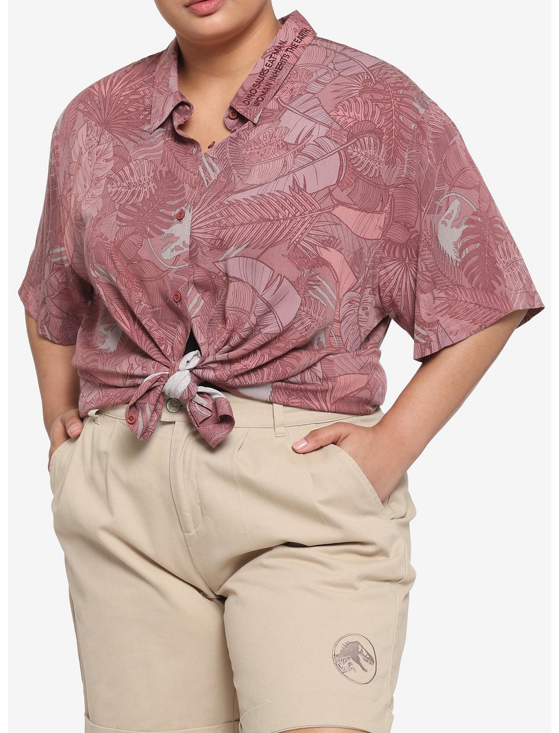 Her Universe Jurassic World Ellie Foliage Girls Resort Woven Button-Up Plus Size, PINK, hi-res