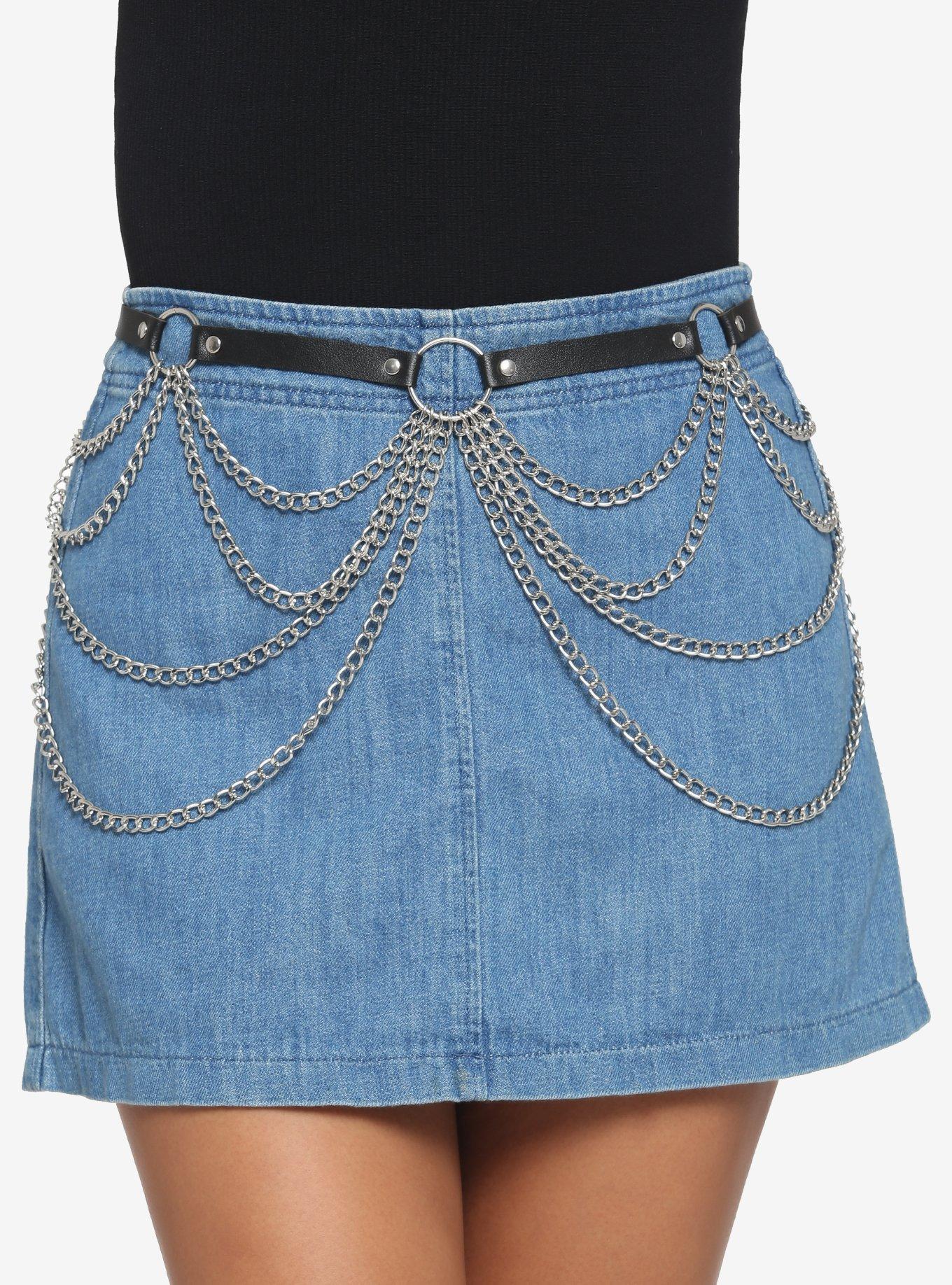 Black Multi Drop Chain Belt, SILVER, hi-res