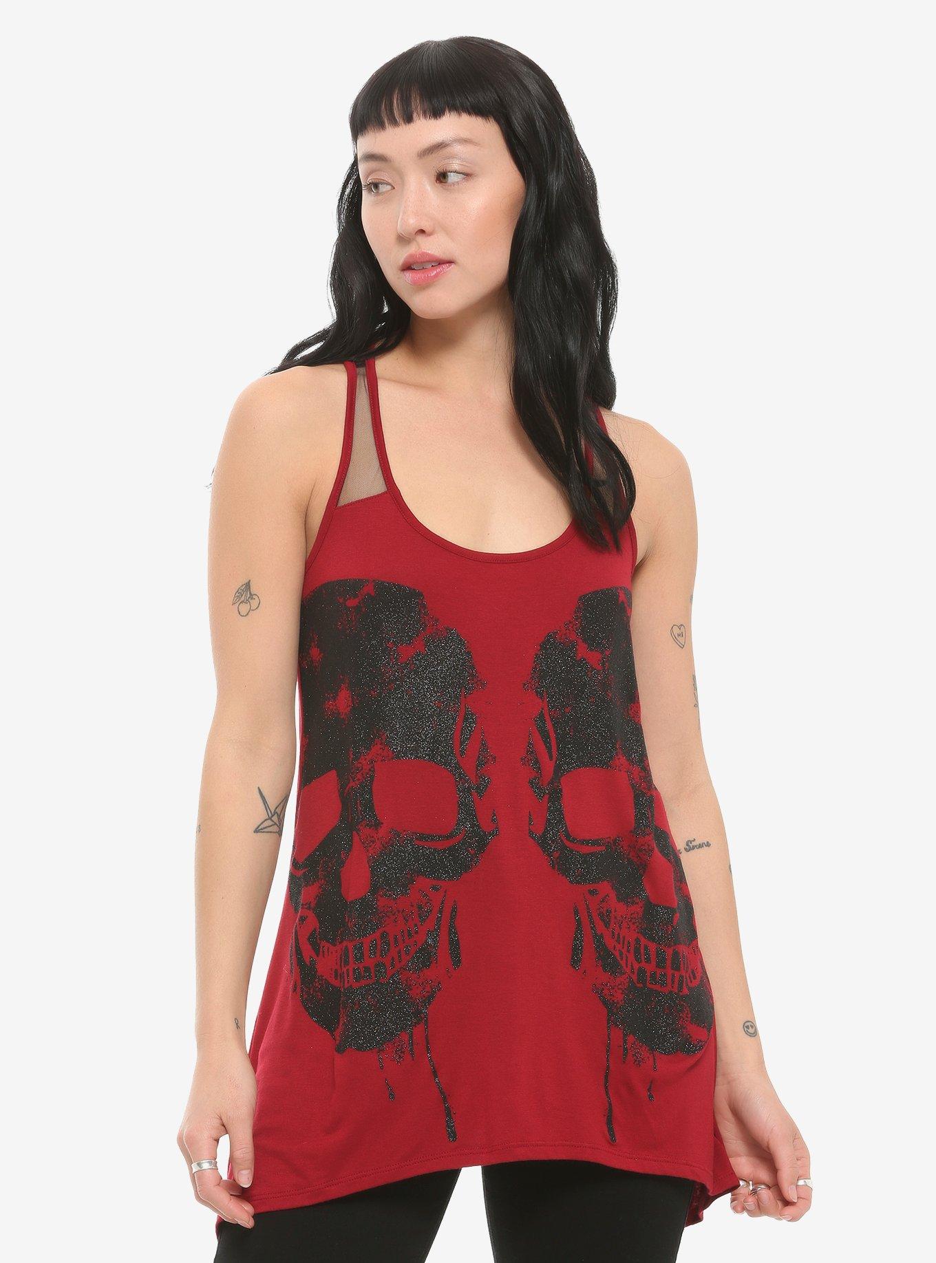Burgundy Glitter Skull Shark Bite Girls Tank Top, BURGUNDY, hi-res