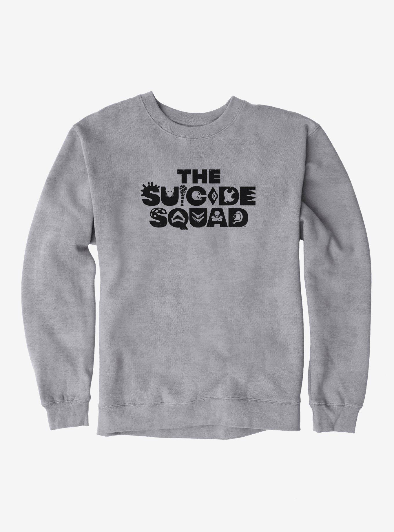 DC Comics The Suicide Squad Black Script Character Symbols Sweatshirt, HEATHER GREY, hi-res