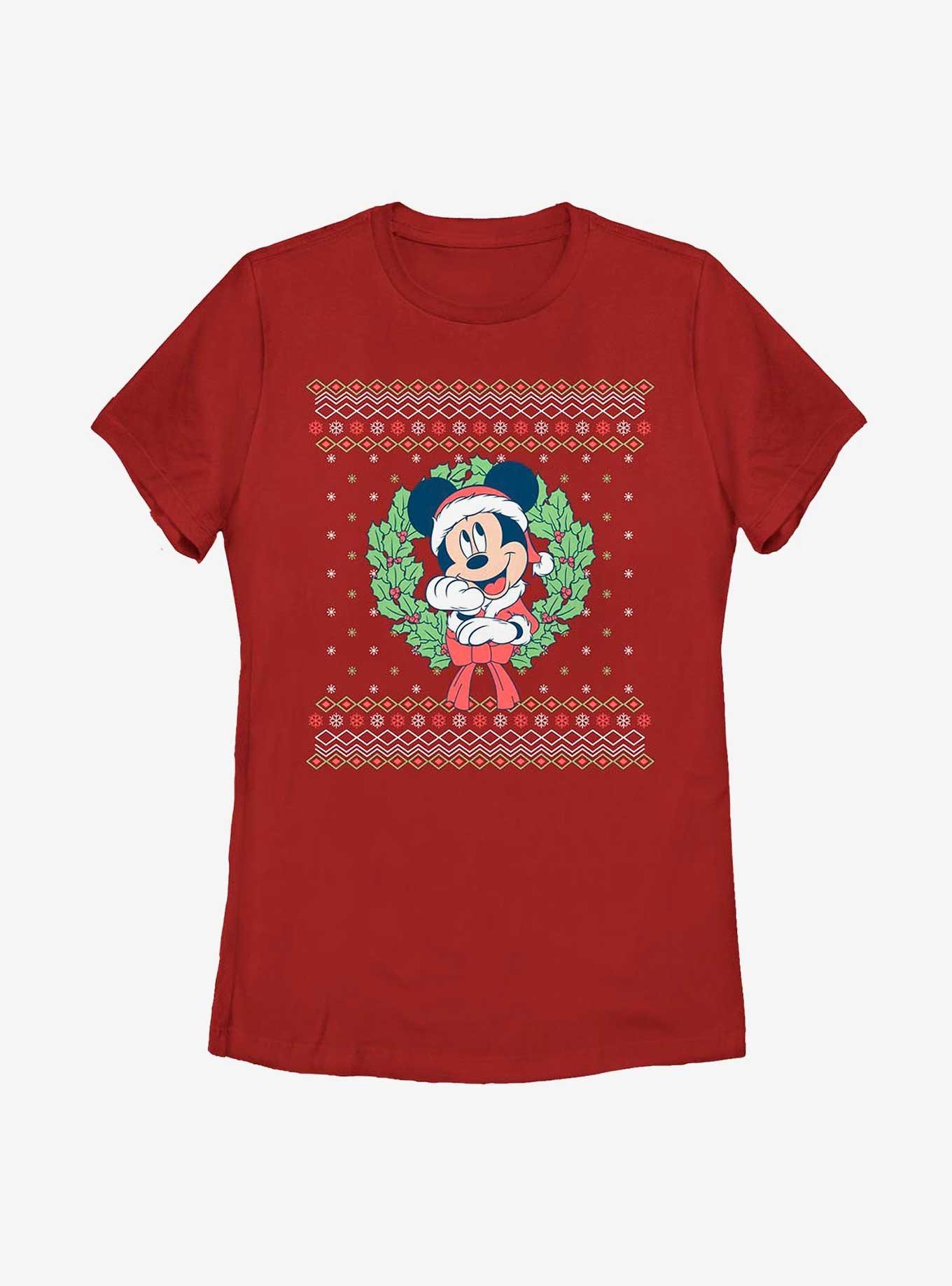 Disney Mickey Mouse Ugly Christmas Sweater Wreath Womens T-Shirt, RED, hi-res