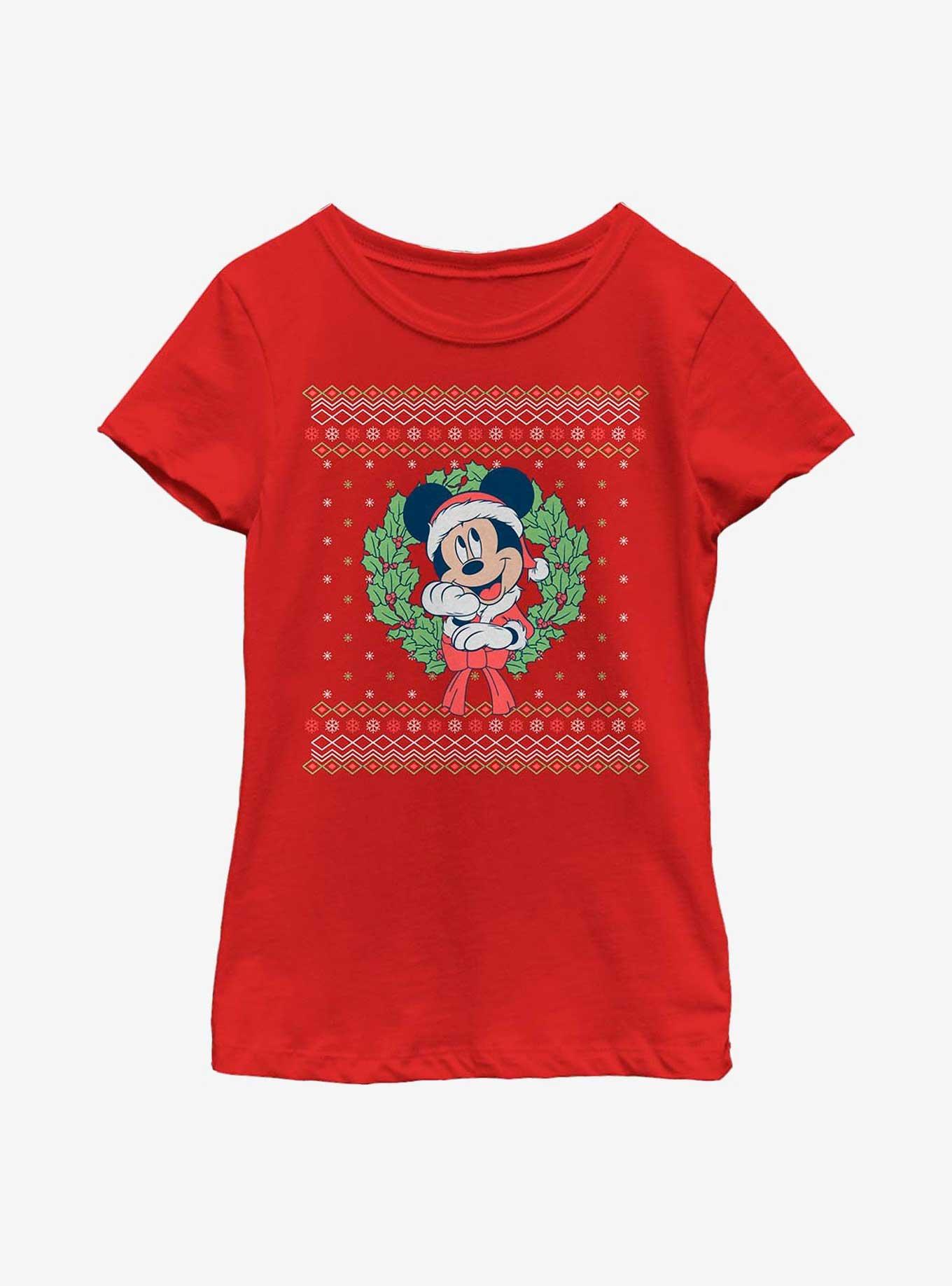 Disney Mickey Mouse Ugly Christmas Sweater Wreath Youth Girls T-Shirt, , hi-res