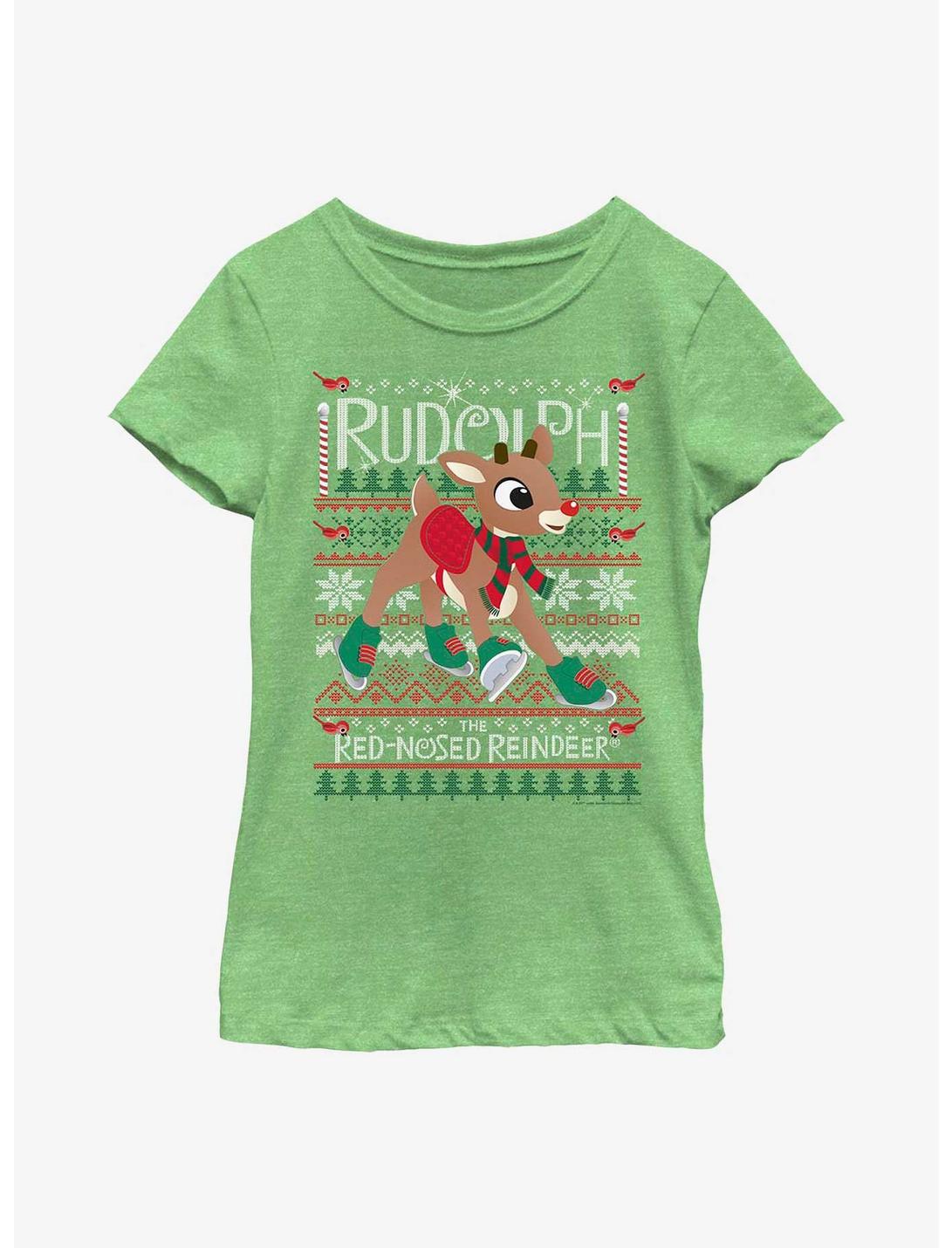 Rudolph The Red-Nosed Reindeer Ugly Sweater Youth Girls T-Shirt, GRN APPLE, hi-res
