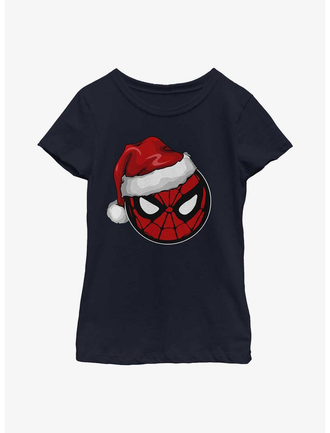 Marvel Spider-Man Spidey Santa Hat Youth Girls T-Shirt, NAVY, hi-res