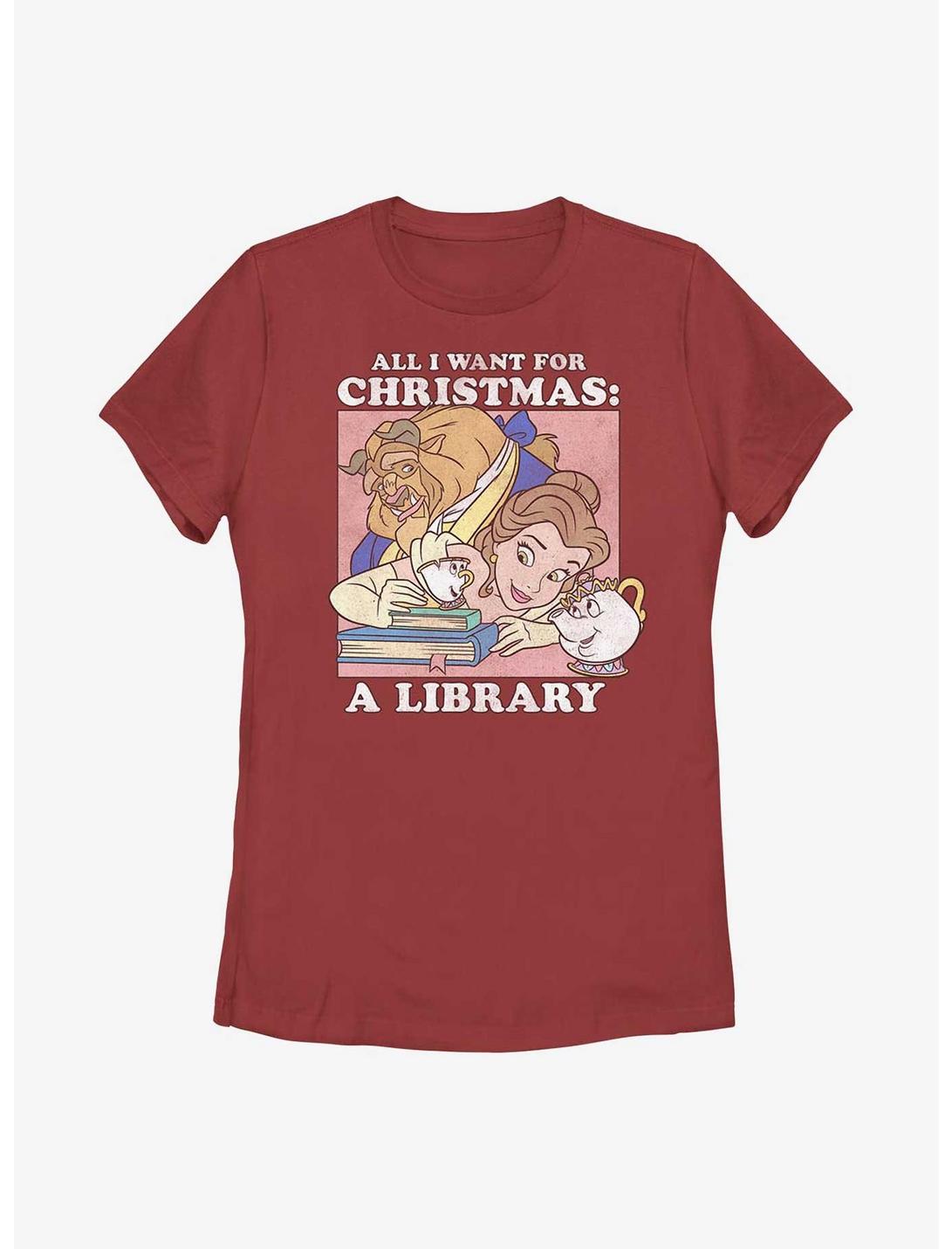 Disney Beauty And The Beast A Library Christmas Present Womens T-Shirt, RED, hi-res