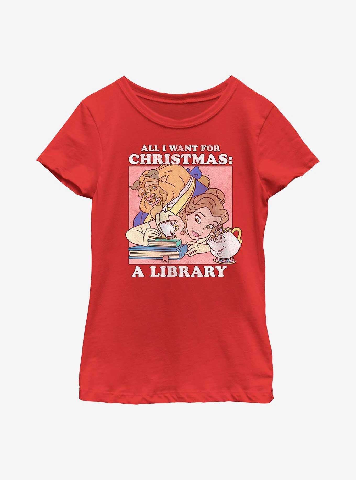Disney Beauty And The Beast A Library Christmas Present Youth Girls T-Shirt, , hi-res
