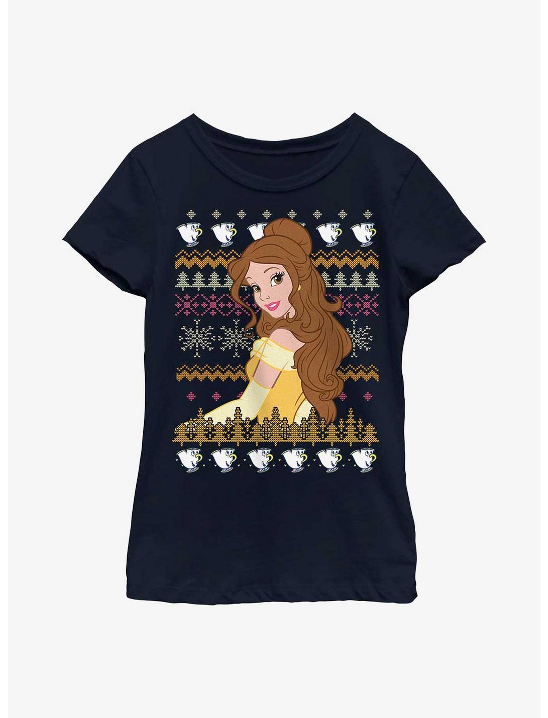 Disney Beauty And The Beast Belle Teacup Ugly Sweater Pattern Youth Girls T-Shirt, NAVY, hi-res