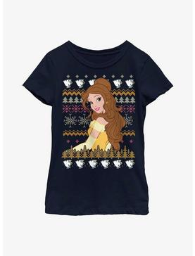 Disney Beauty And The Beast Belle Teacup Ugly Sweater Pattern Youth Girls T-Shirt, NAVY, hi-res