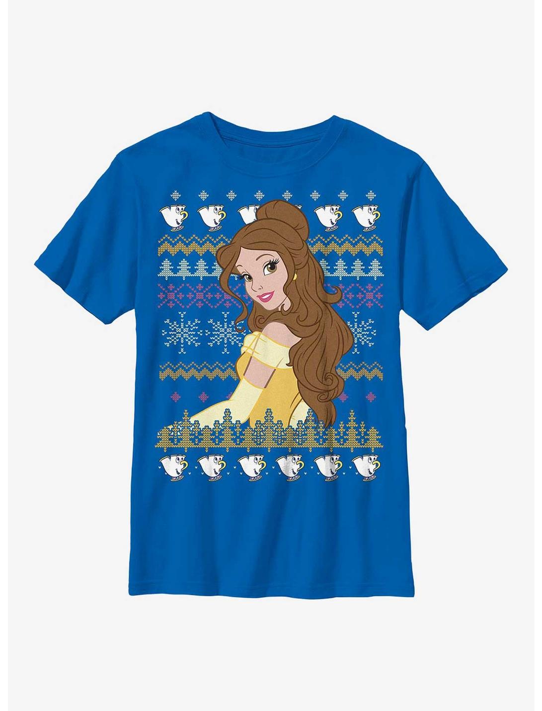 Disney Beauty And The Beast Belle Teacup Ugly Sweater Pattern Youth T-Shirt, ROYAL, hi-res
