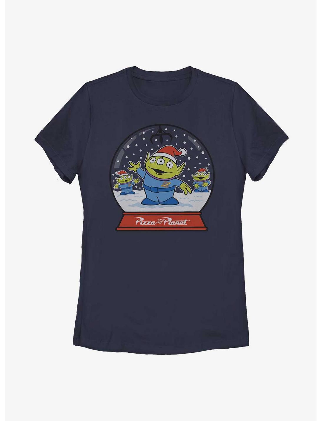 Disney Pixar Toy Story Pizza Planet Aliens Snow Globe Womens T-Shirt, NAVY, hi-res