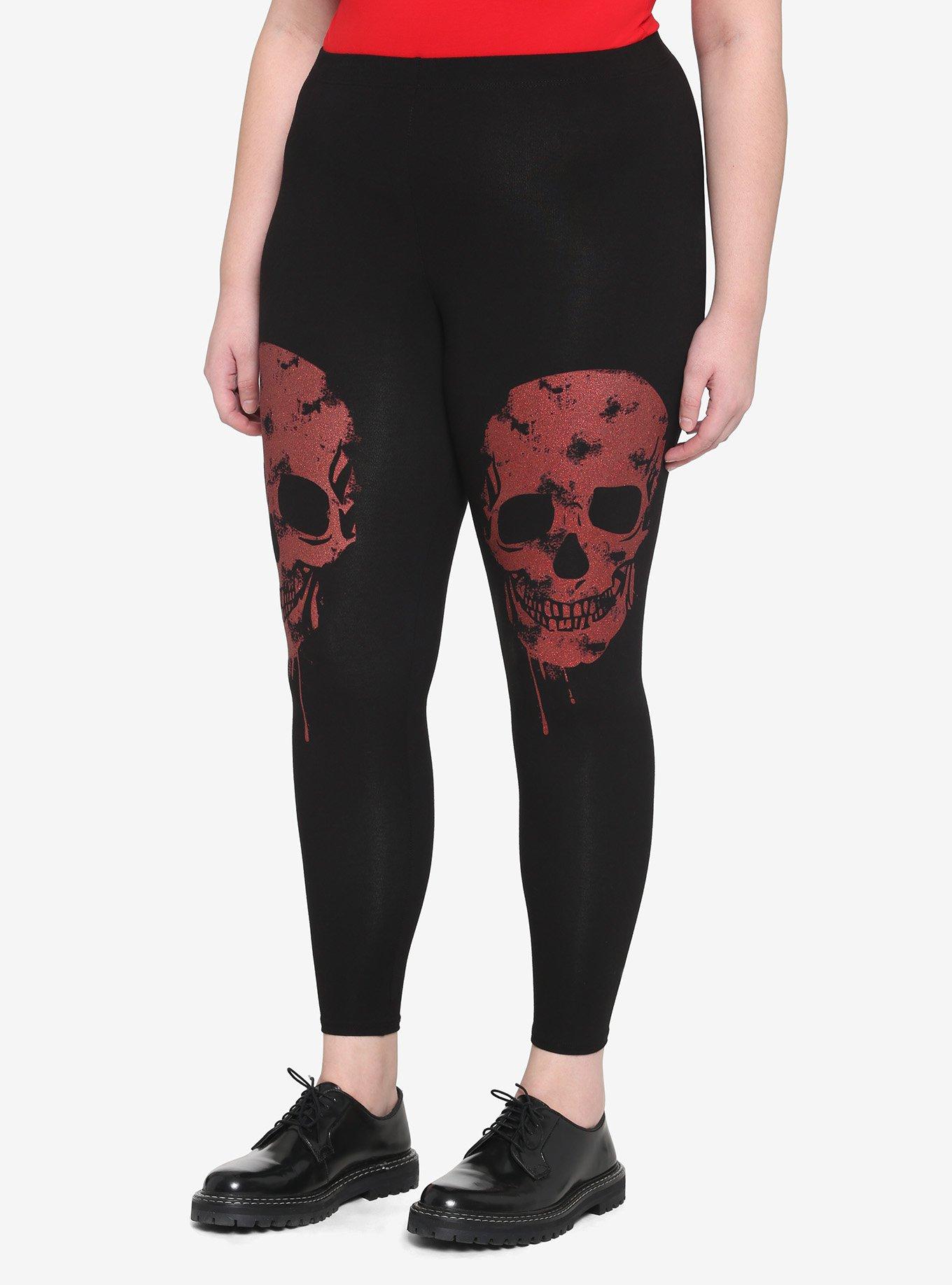 Red Glitter Skull Leggings Plus Size, BLACK  RED, hi-res