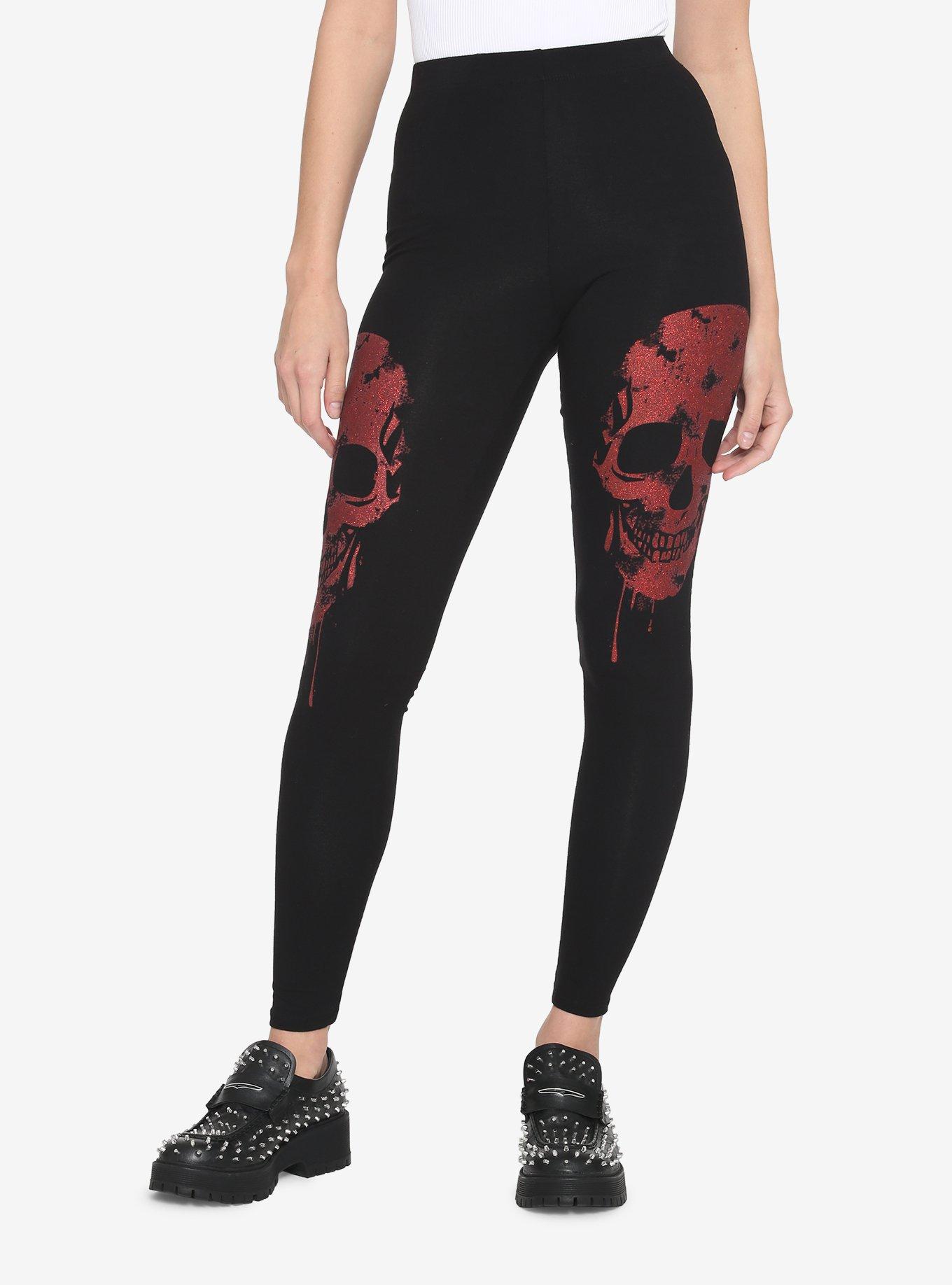 Red Glitter Skull Leggings, BLACK  RED, hi-res
