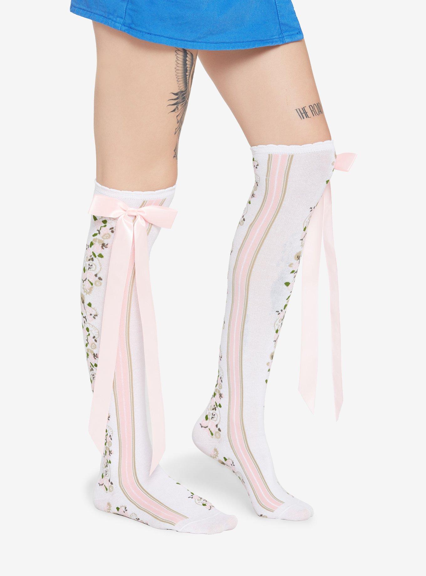 Pink Floral With Bow Over-The-Knee Socks, , hi-res