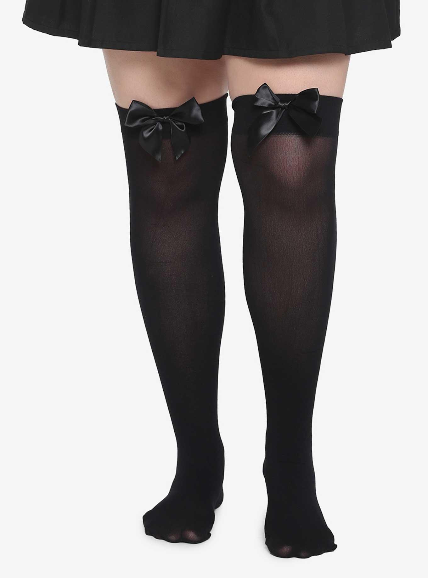 Black Satin Bow Thigh Highs Plus Size | Hot Topic