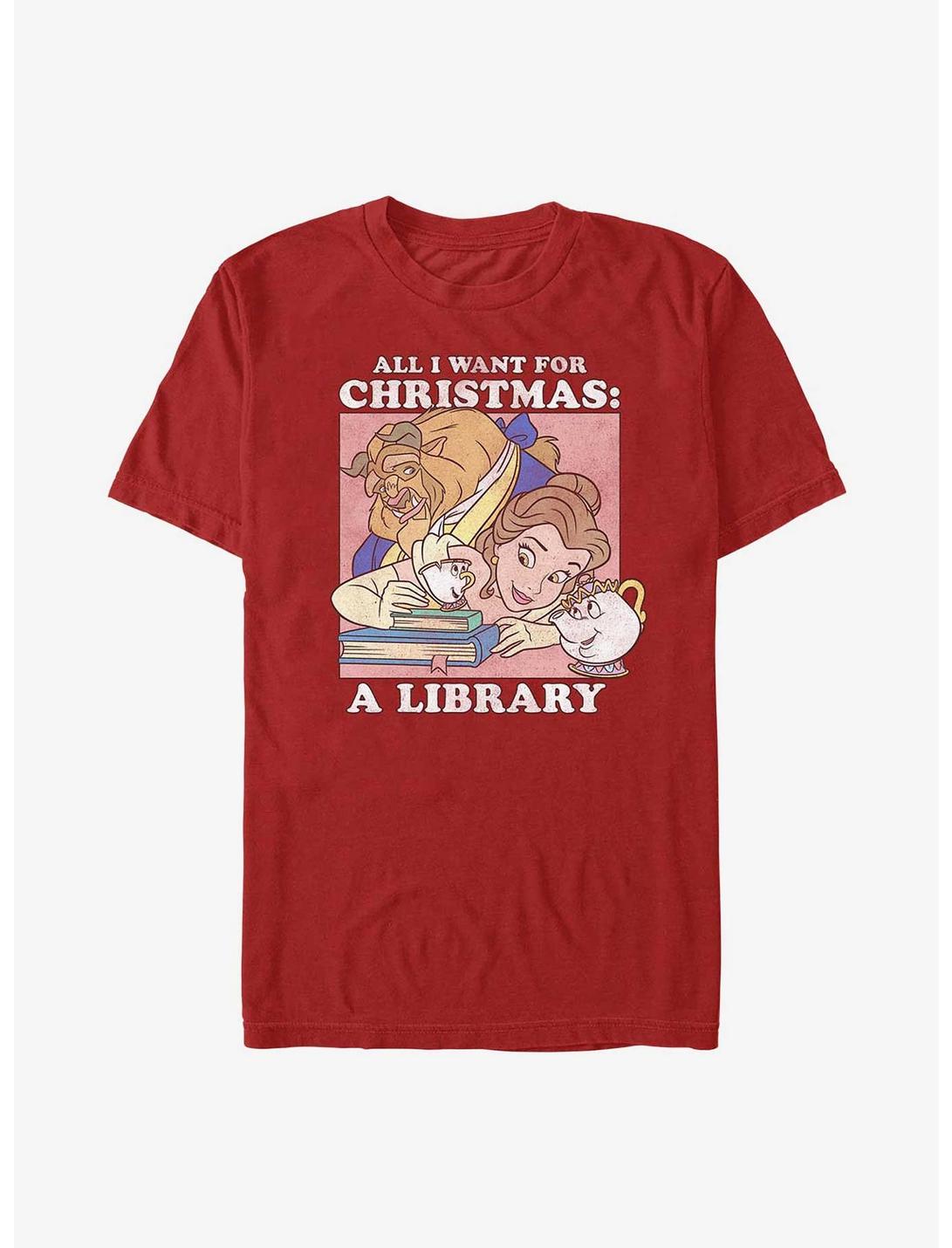 Disney Beauty And The Beast A Library Christmas Present T-Shirt, RED, hi-res