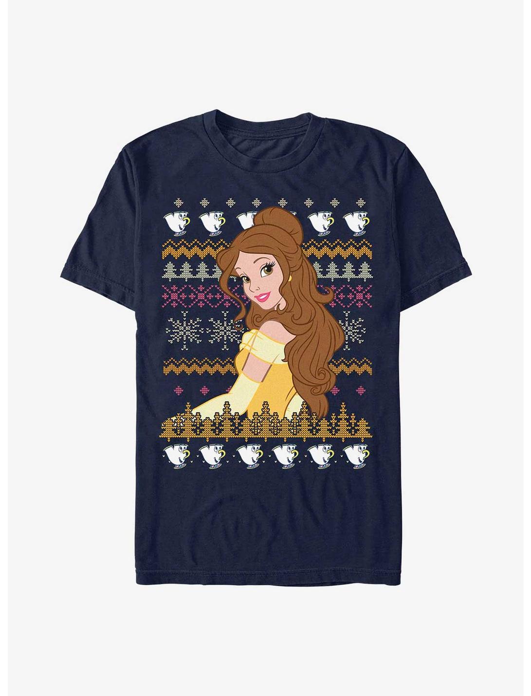 Disney Beauty And The Beast Belle Teacup Ugly Sweater Pattern T-Shirt, NAVY, hi-res