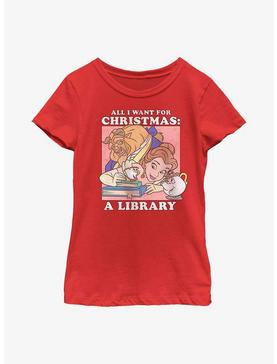 Disney Beauty And The Beast A Library Christmas Present Youth Girls T-Shirt, , hi-res