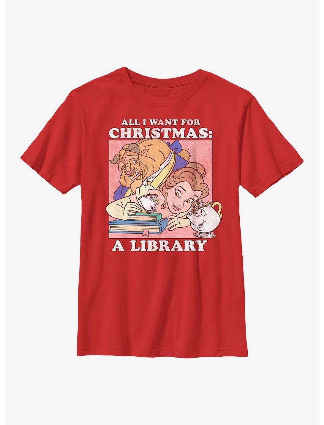 Disney Beauty And The Beast A Library Christmas Present Youth T-Shirt, RED, hi-res
