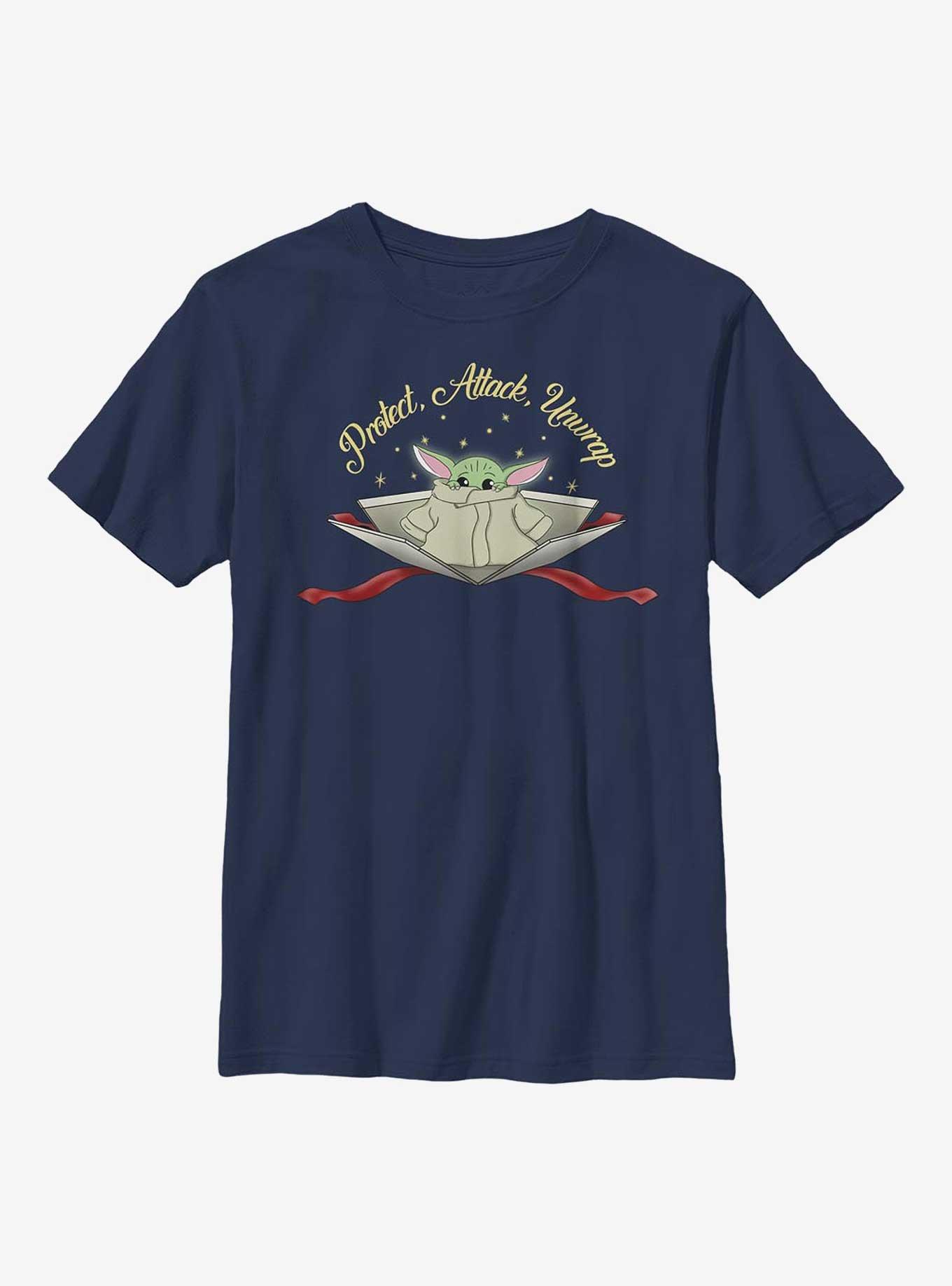 Star Wars The Mandalorian Protect, Attack, Unwrap The Child Youth T-Shirt, NAVY, hi-res view 1