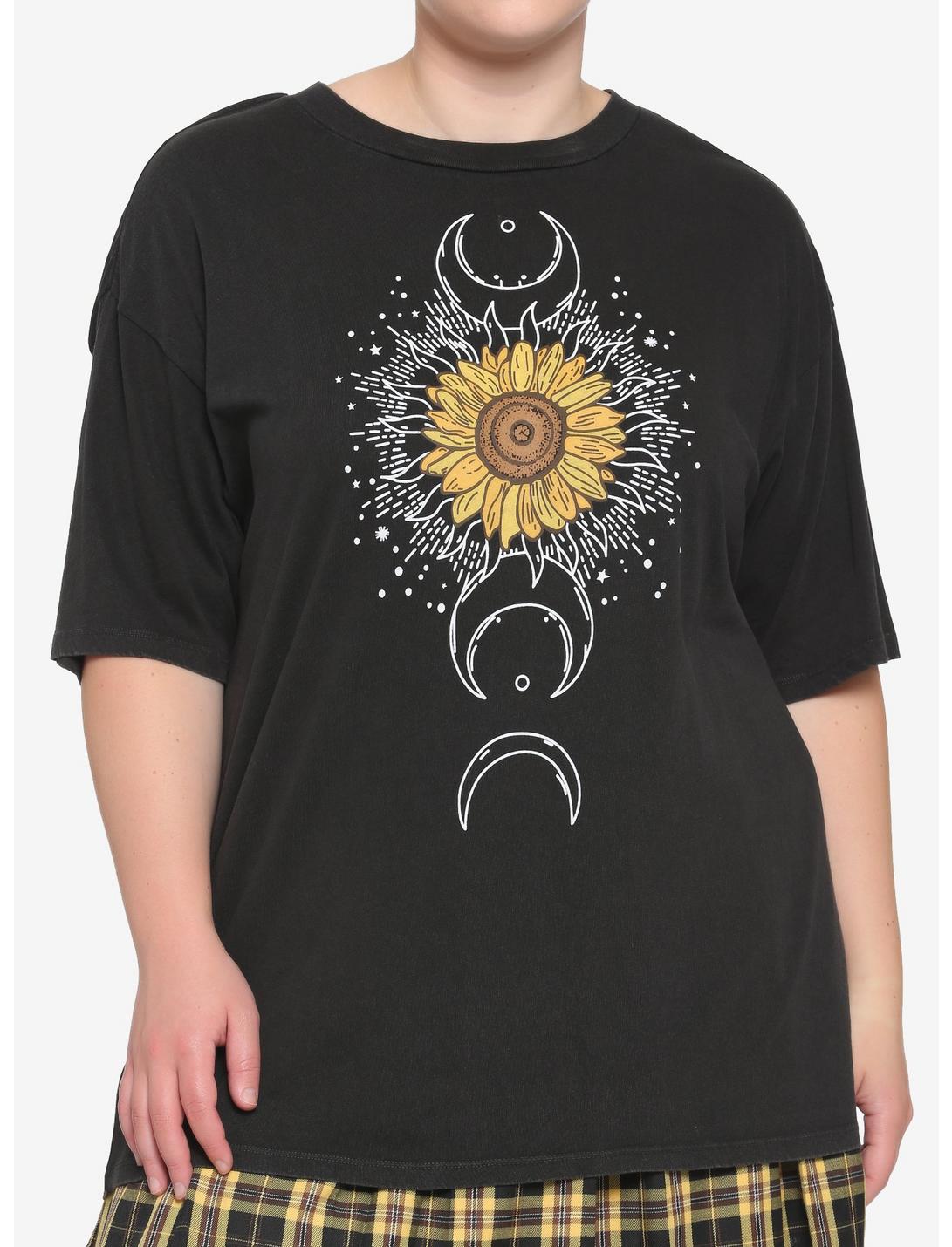 Celestial Sunflower Mineral Wash Oversized Girls T-Shirt Plus Size, BLACK, hi-res
