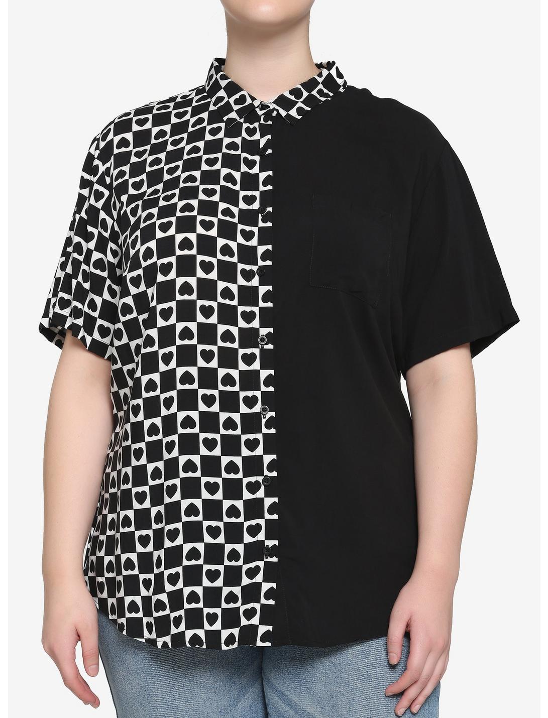 Black & White Checkered Heart Split Girls Resort Woven Button-Up Plus Size, CHECKERED, hi-res