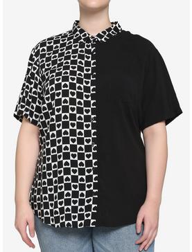 Black & White Checkered Heart Split Girls Resort Woven Button-Up Plus Size, , hi-res
