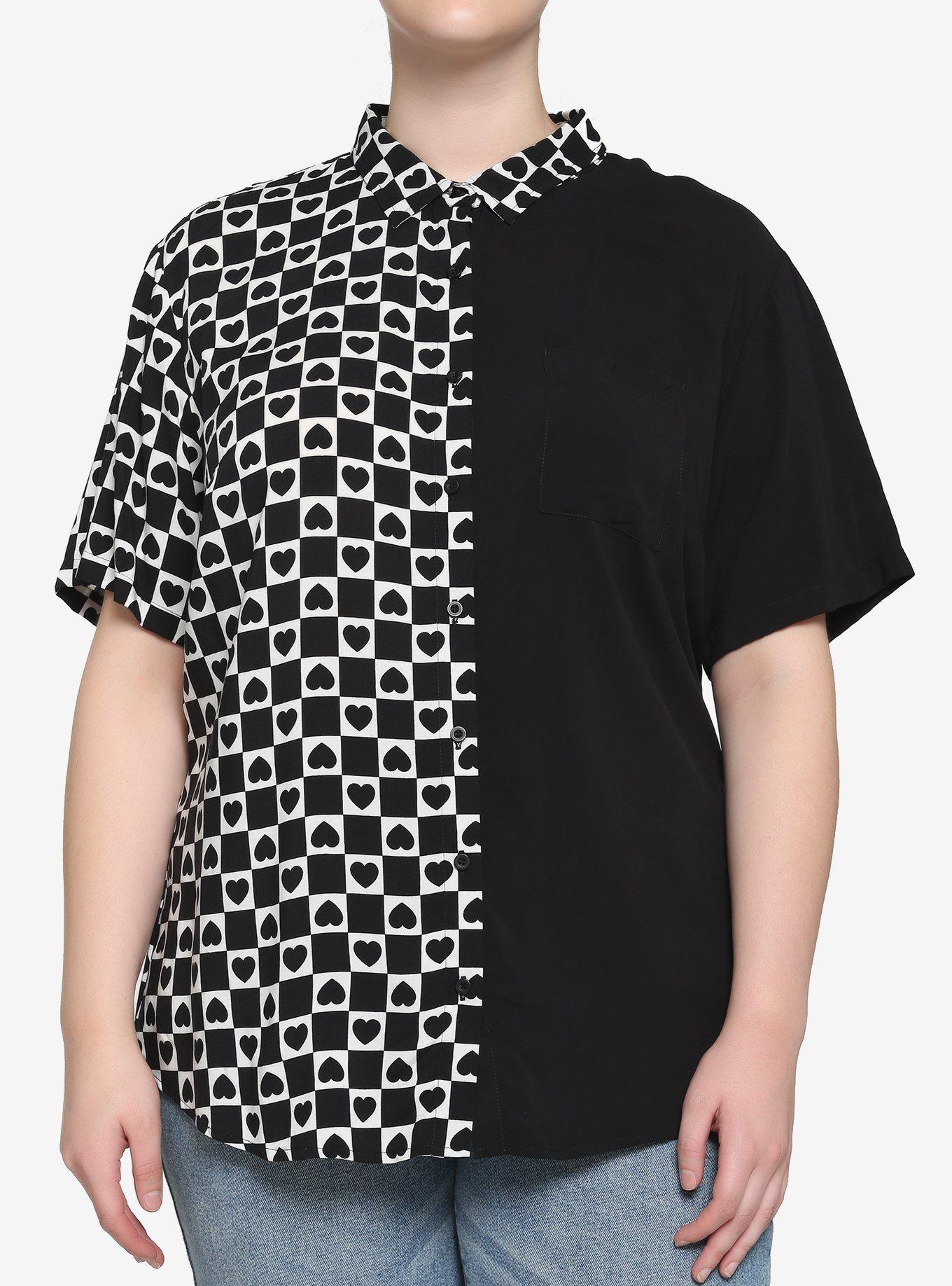 Black & White Checkered Heart Split Girls Resort Woven Button-Up Plus Size, CHECKERED, hi-res