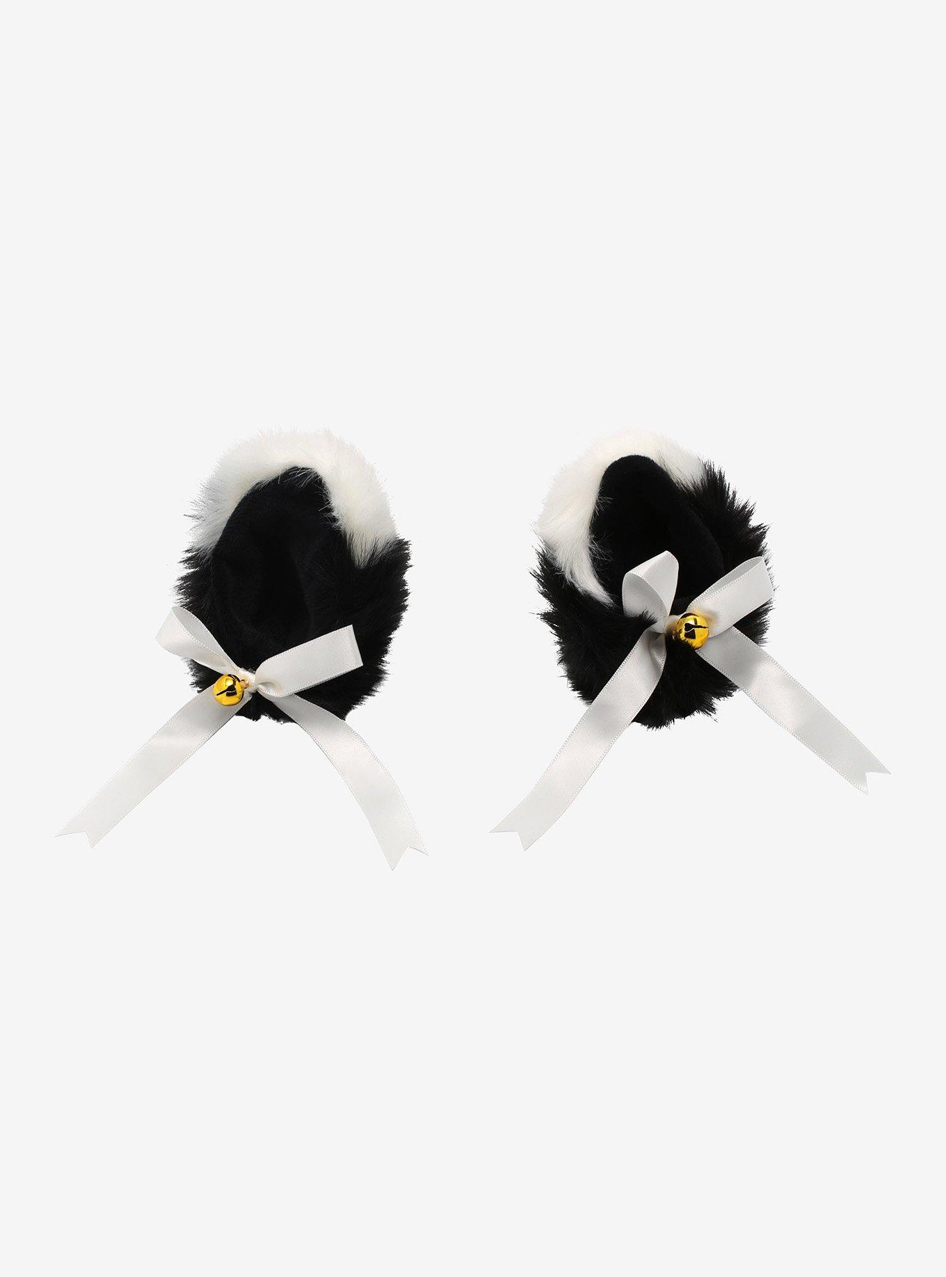 Black & White Tips Fuzzy Cat Ear Hair Clip Set, , hi-res