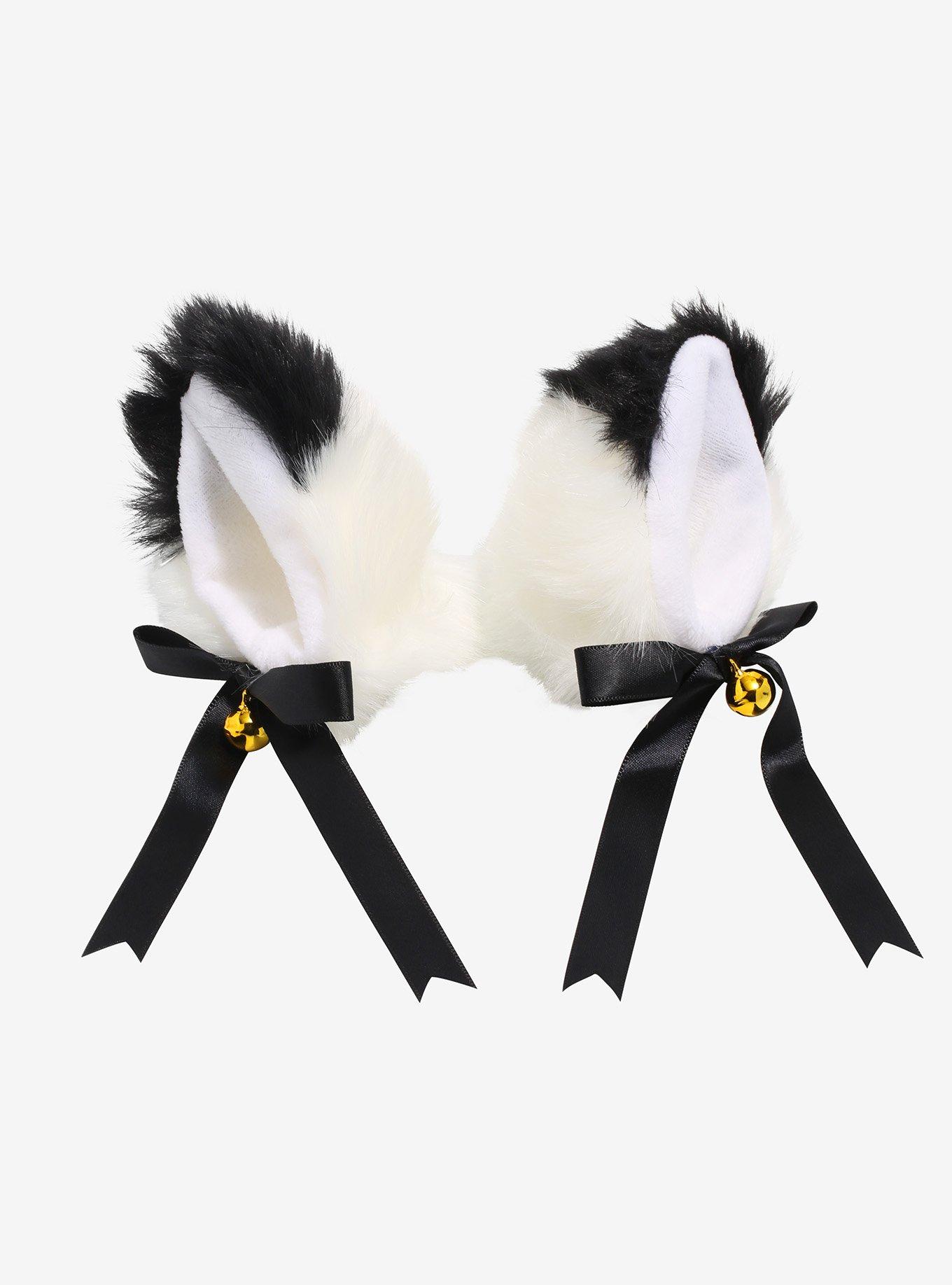 Black & White Large Fuzzy Cat Ear Hair Clip Set, , hi-res