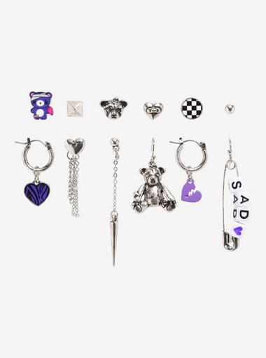 Sad Teddy Safety Pin Mismatch Earring Set