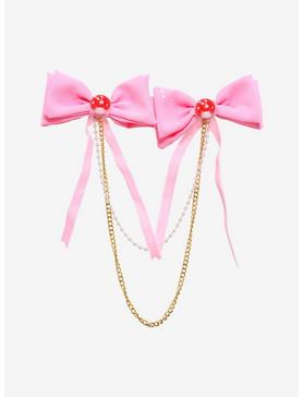 Double Pink Bow Mushroom Chain Hair Clip Set, , hi-res