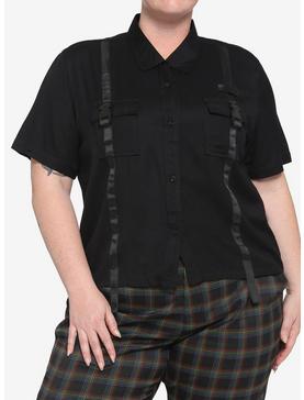 Black Cargo Buckle Boxy Girls Crop Woven Button-Up Plus Size, , hi-res