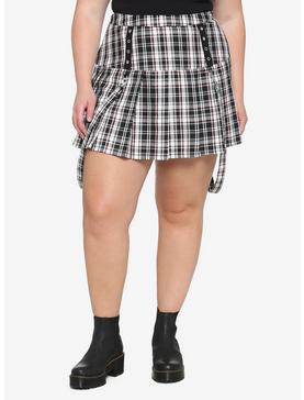 Black White & Red Plaid Grommet Suspender Skirt Plus Size, , hi-res