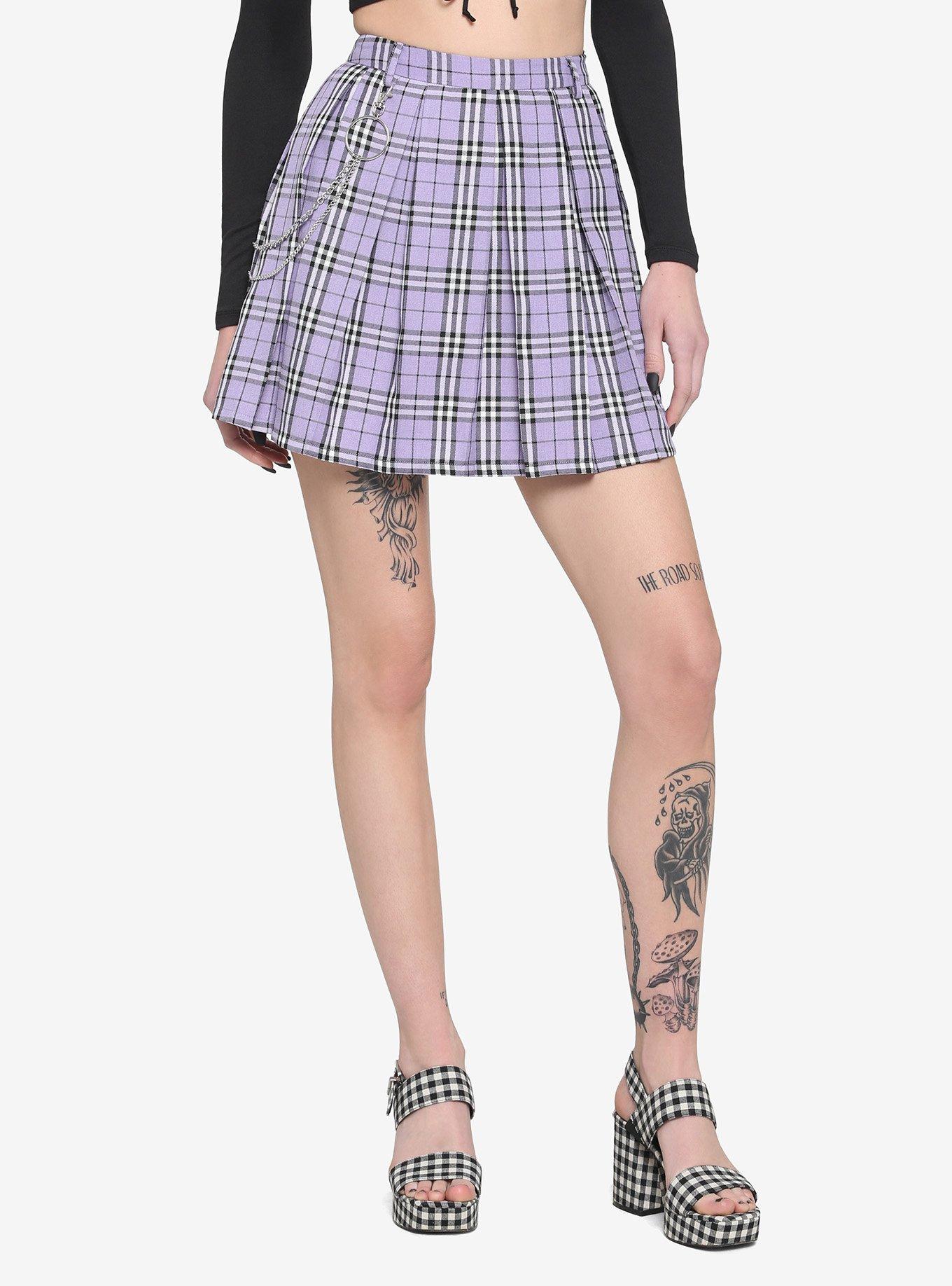 Lavender Plaid Chain Pleated Skirt, PLAID - PURPLE, hi-res