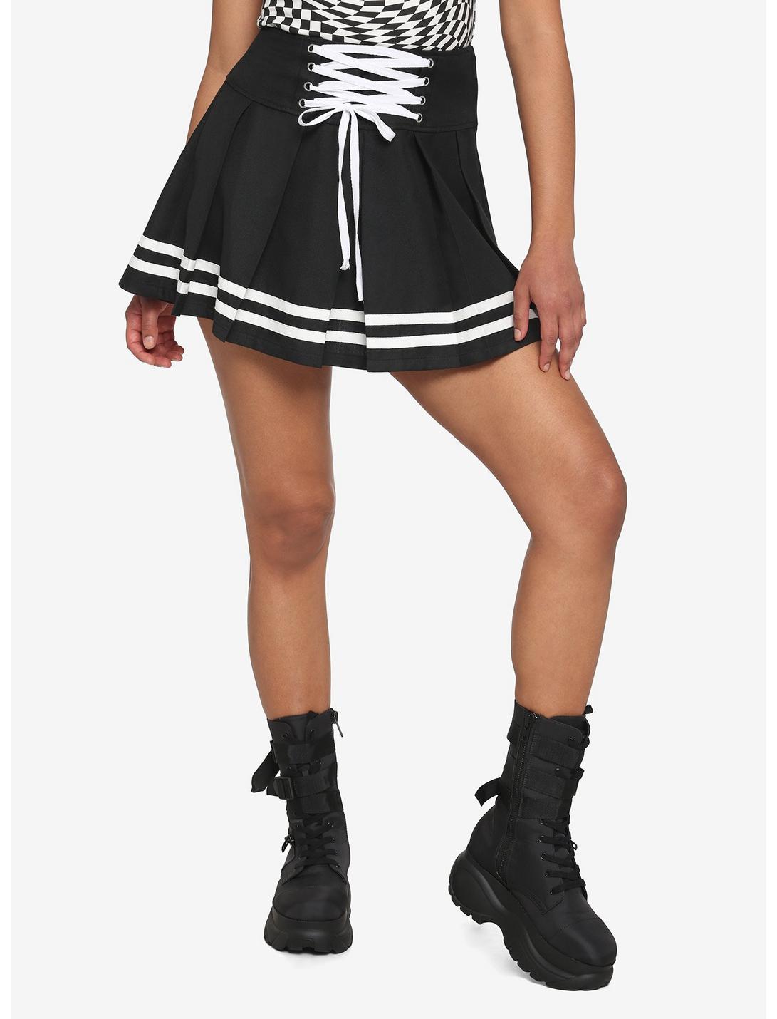 Black & White Lace-Up Pleated Skirt, BLACK, hi-res