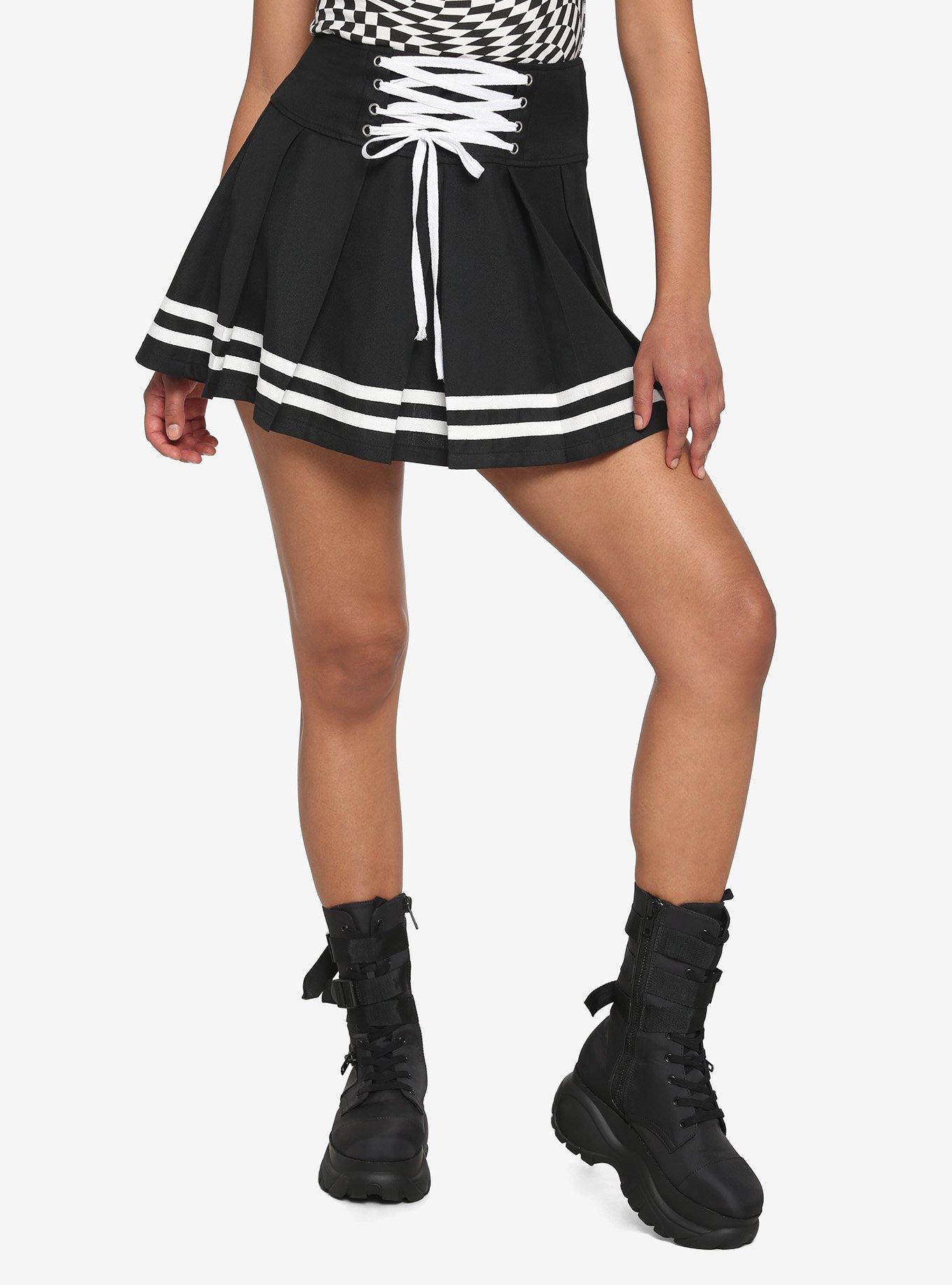 Black & White Lace-Up Pleated Skirt, BLACK, hi-res