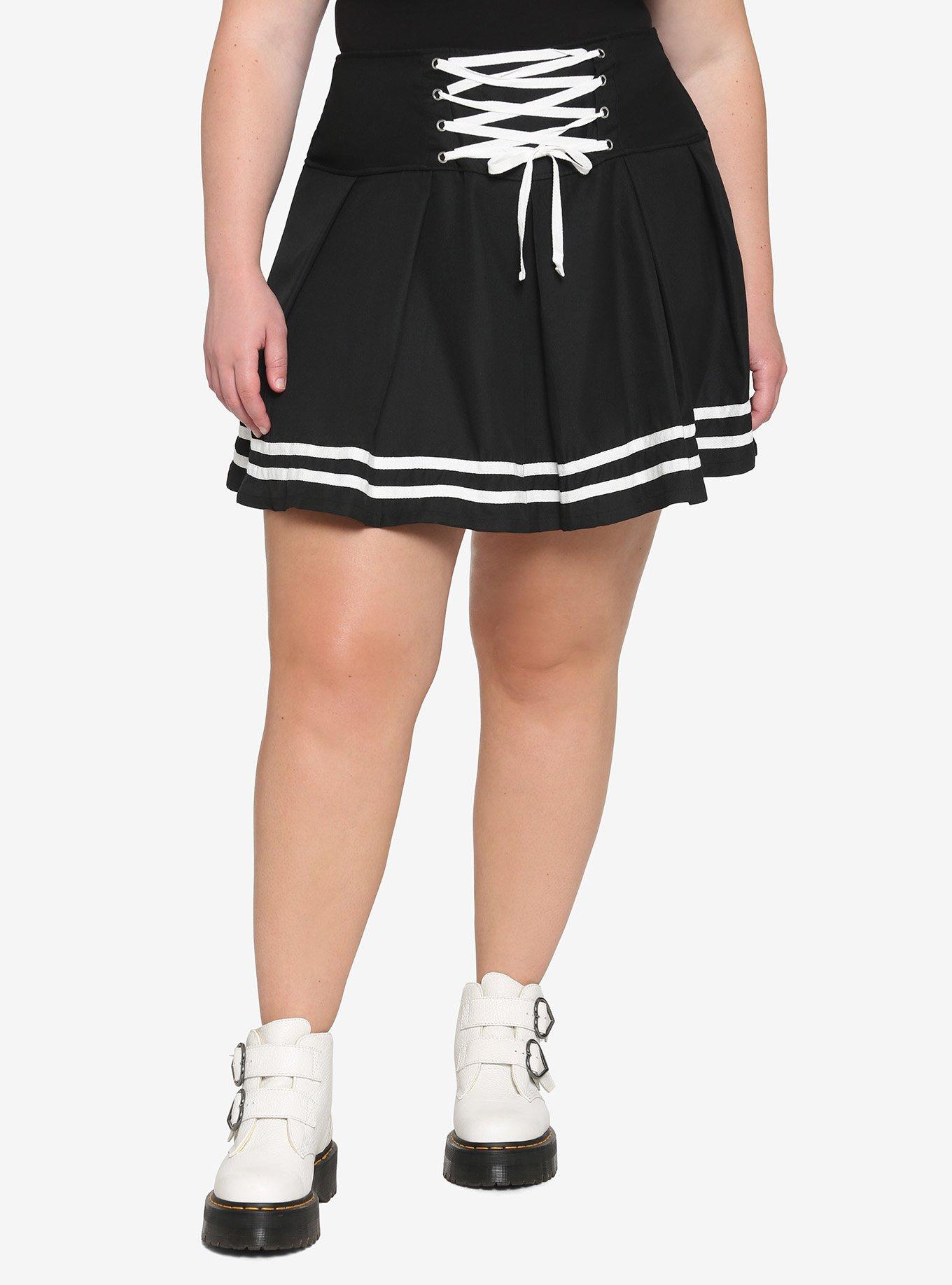 Black & White Lace-Up Pleated Skirt Plus Size, BLACK, hi-res