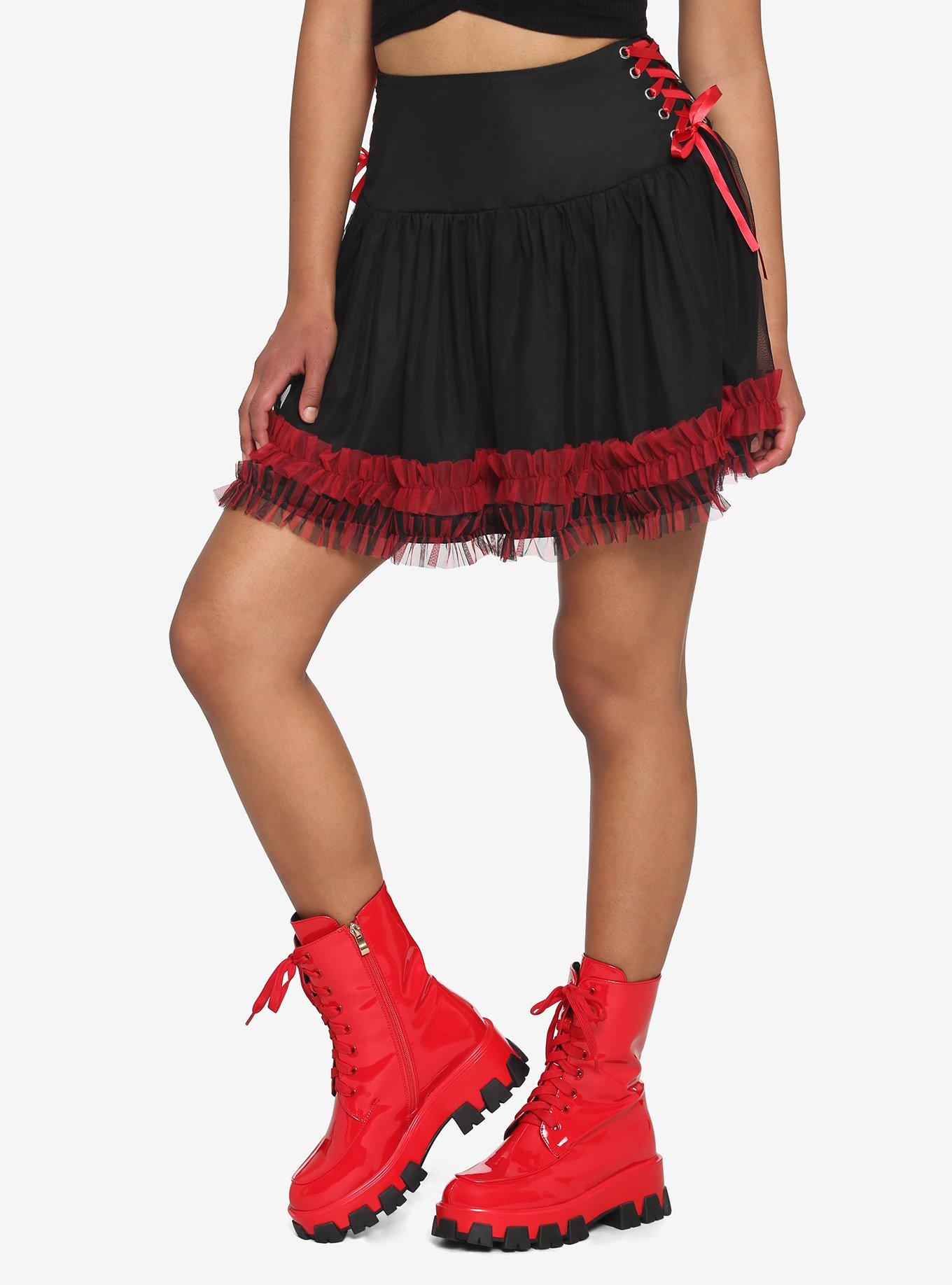 Black & Red Side Lace-Up Skirt, RED, hi-res