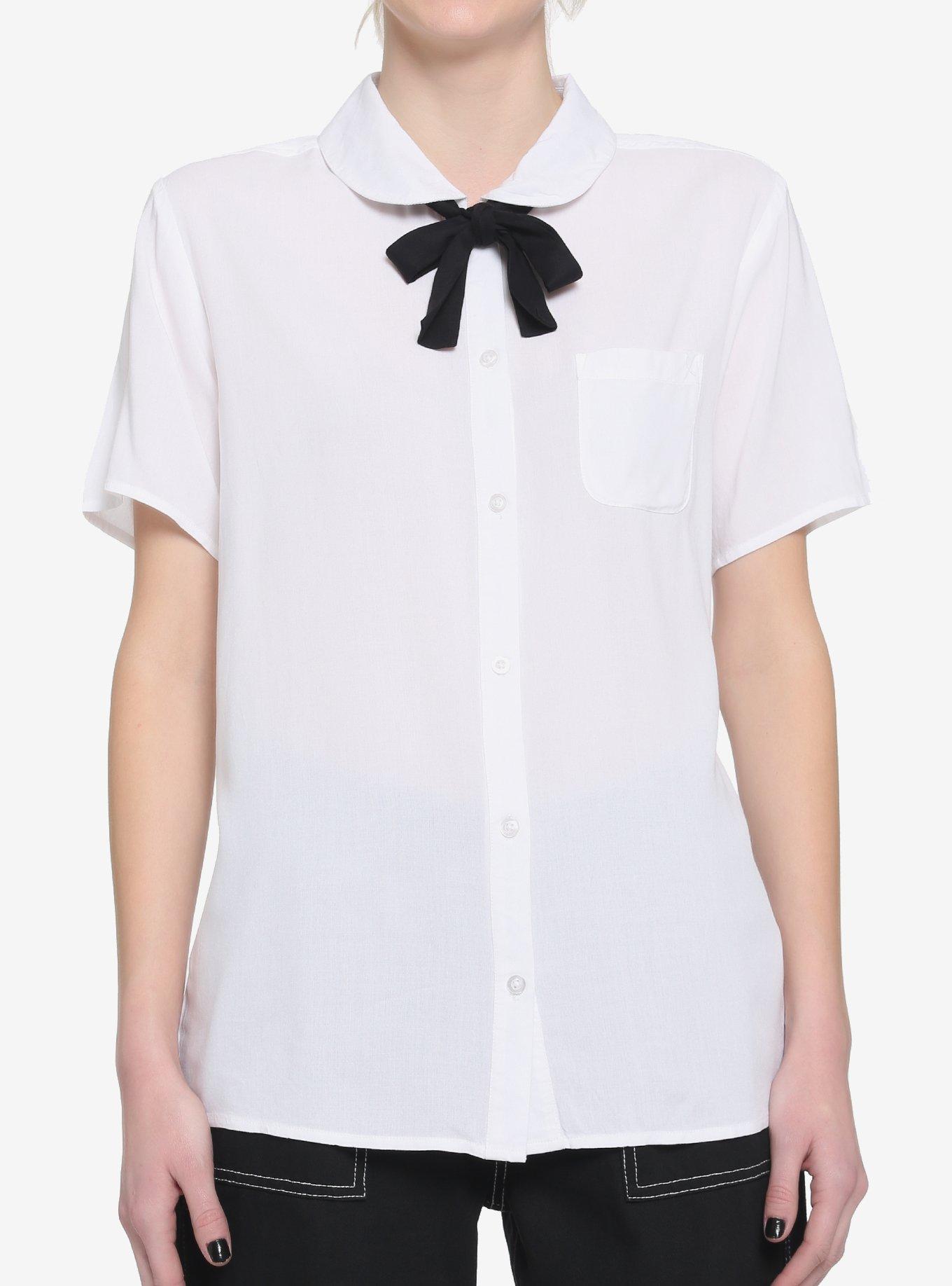 White Black Bow Girls Resort Woven Button-Up, BLACK, hi-res