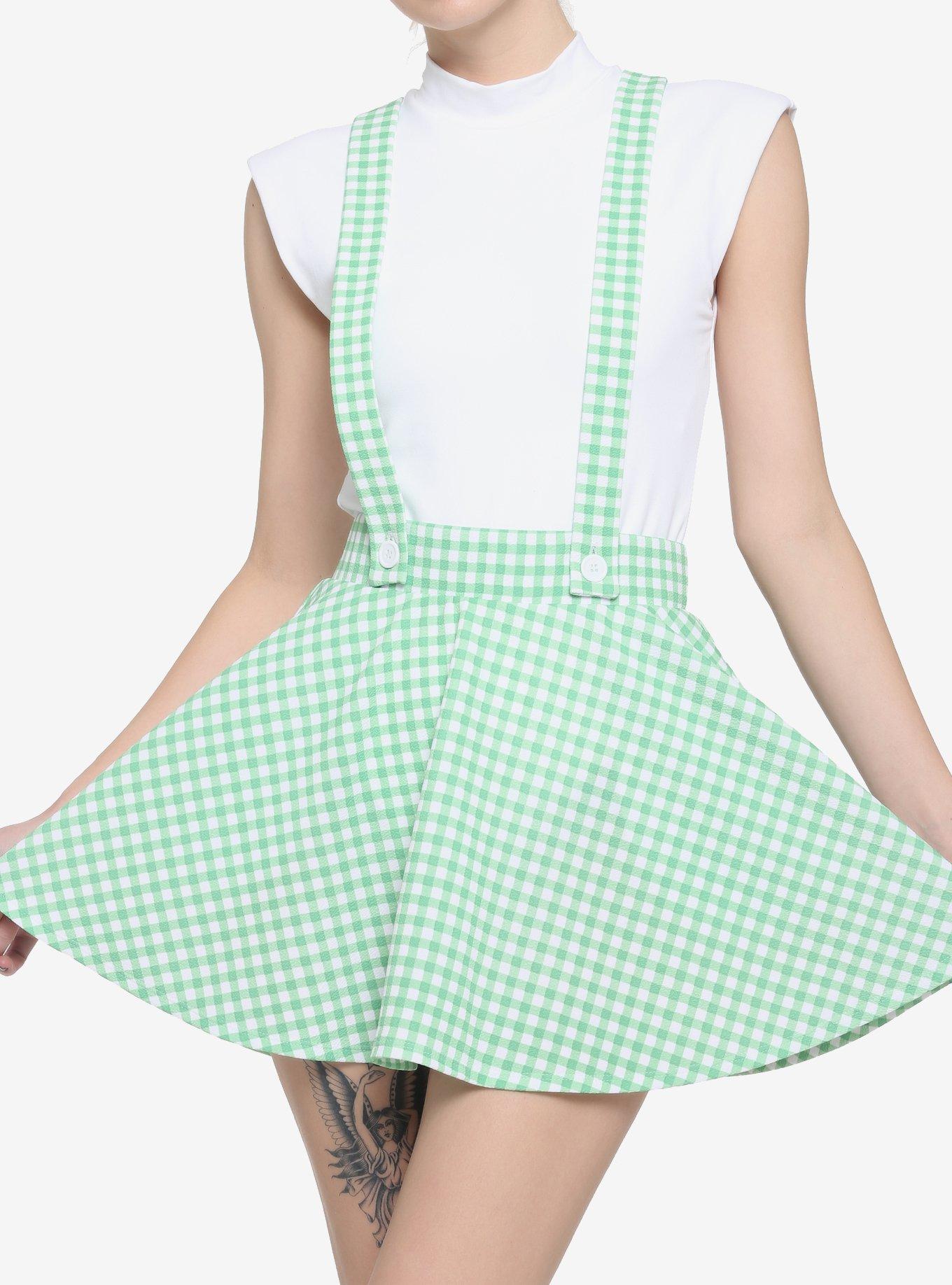 Green & White Gingham Suspender Skirt